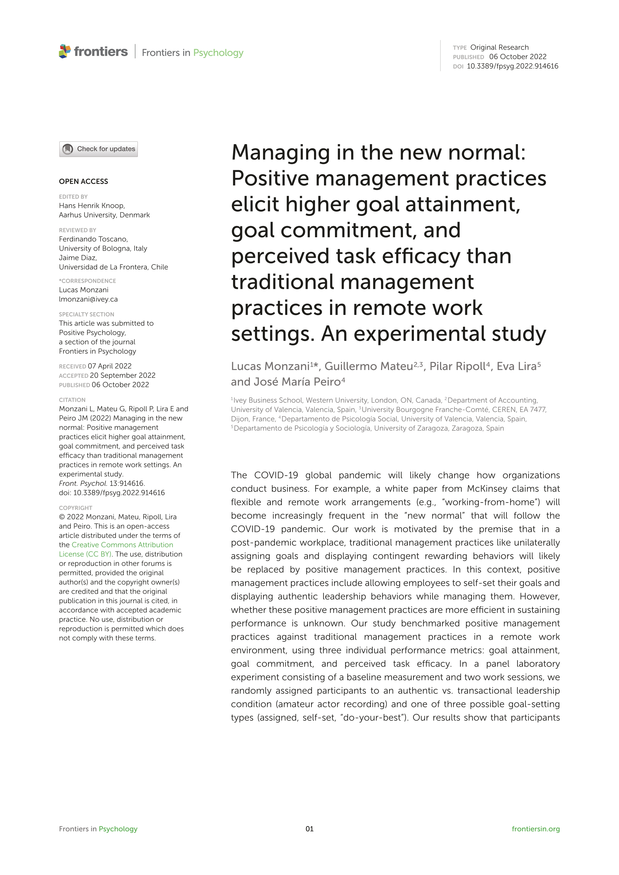 Managing in the new normal: Positive management practices elicit higher goal attainment, goal commitment, and perceived task efficacy than traditional management practices in remote work settings. An experimental study
