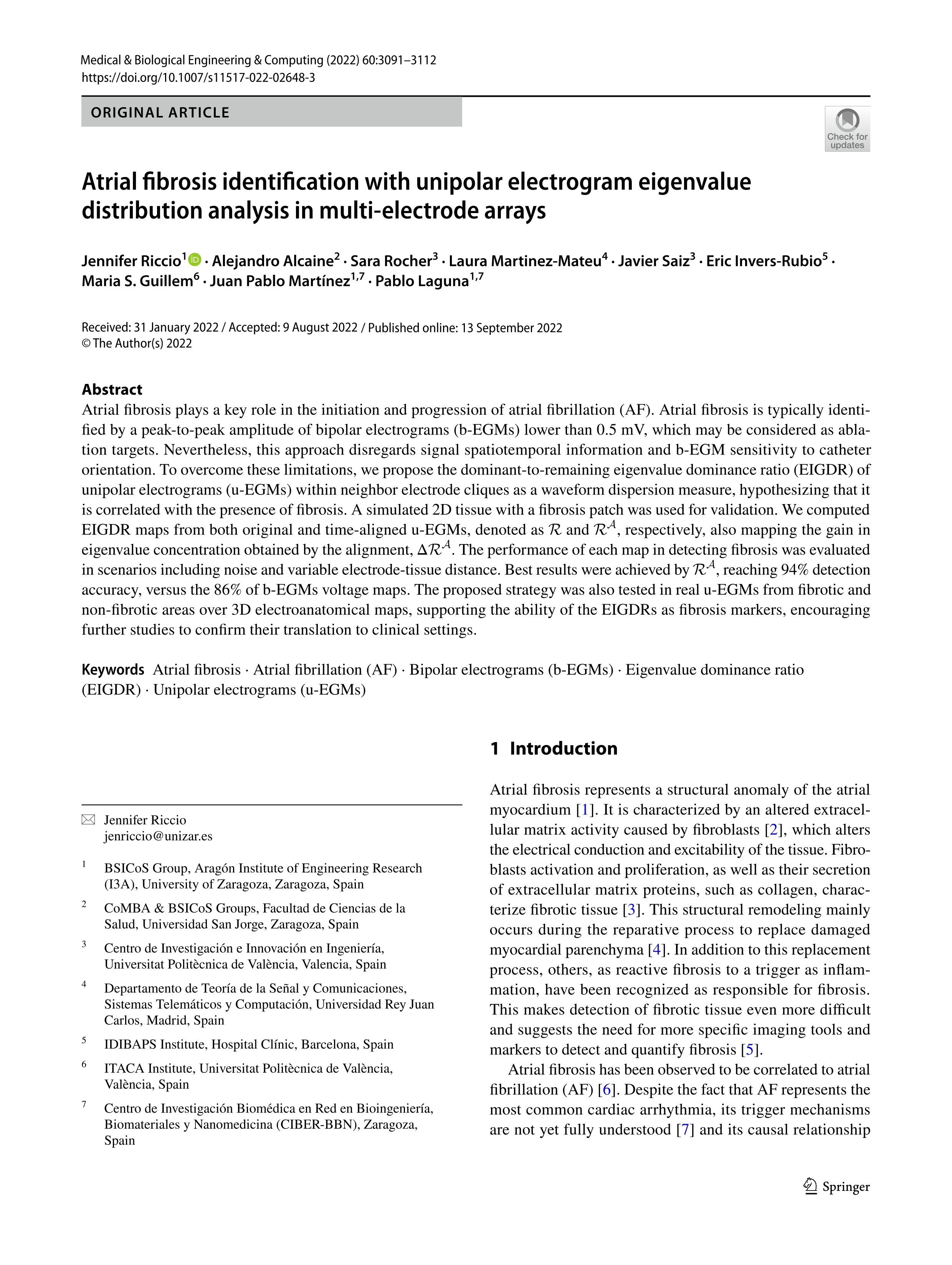 Atrial fibrosis identification with unipolar electrogram eigenvalue distribution analysis in multi-electrode arrays