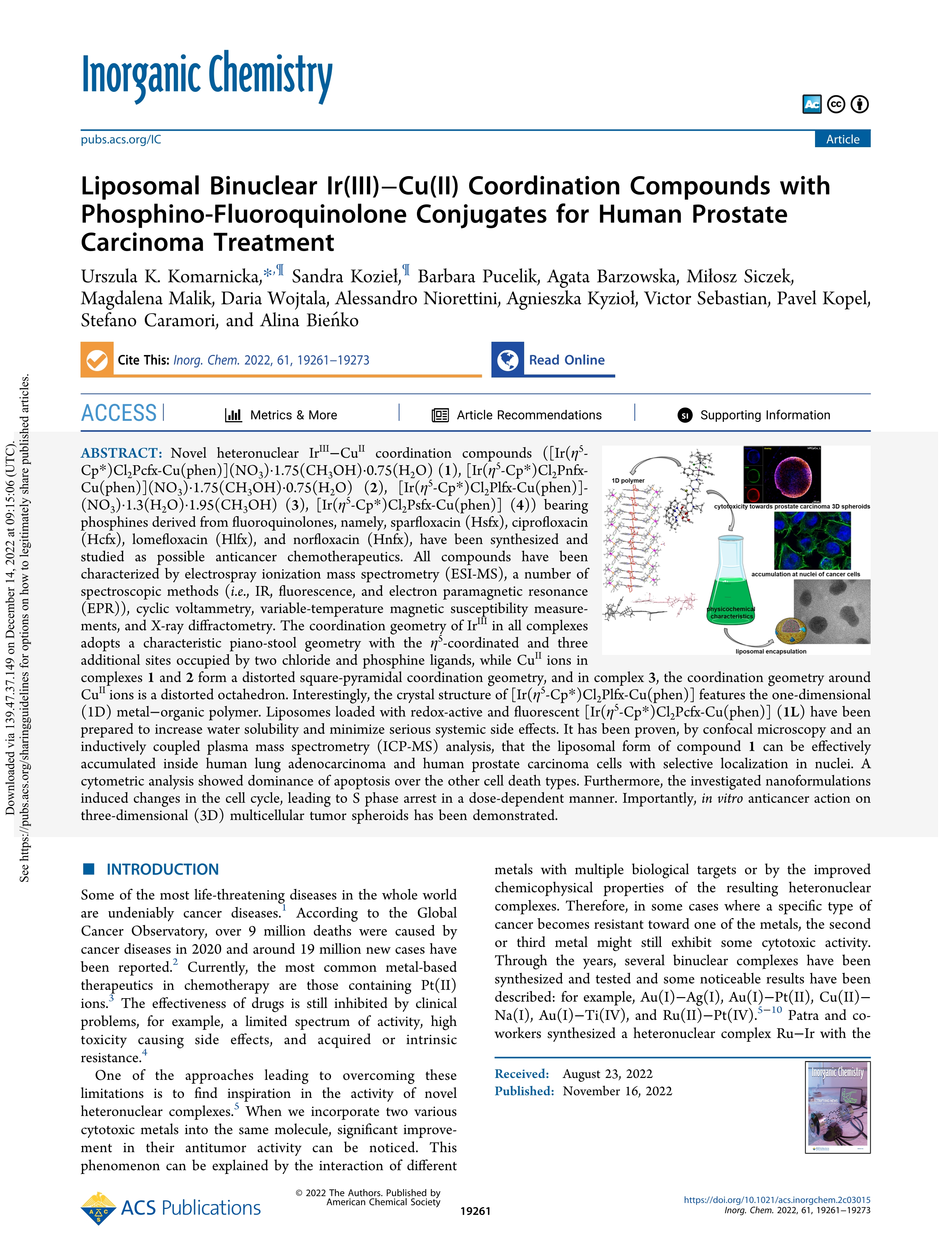 Liposomal Binuclear Ir(III)–Cu(II) Coordination Compounds with Phosphino-Fluoroquinolone Conjugates for Human Prostate Carcinoma Treatment