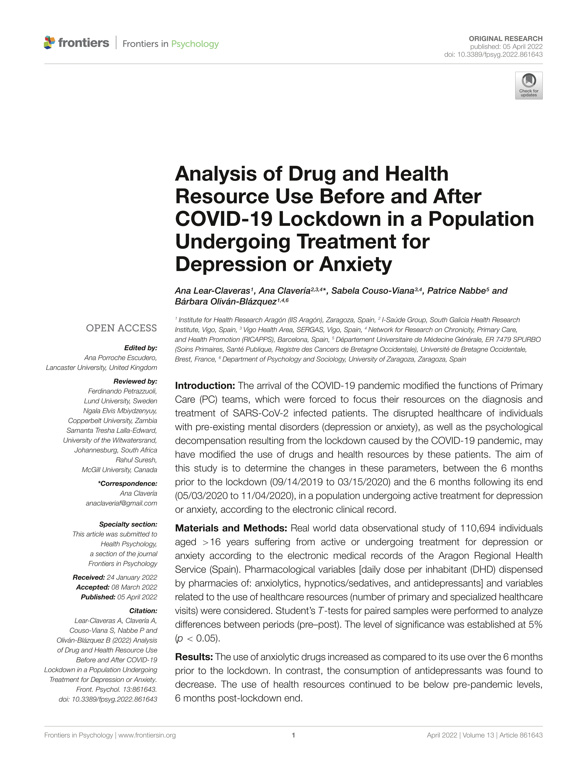 Analysis of Drug and Health Resource Use Before and After COVID-19 Lockdown in a Population Undergoing Treatment for Depression or Anxiety