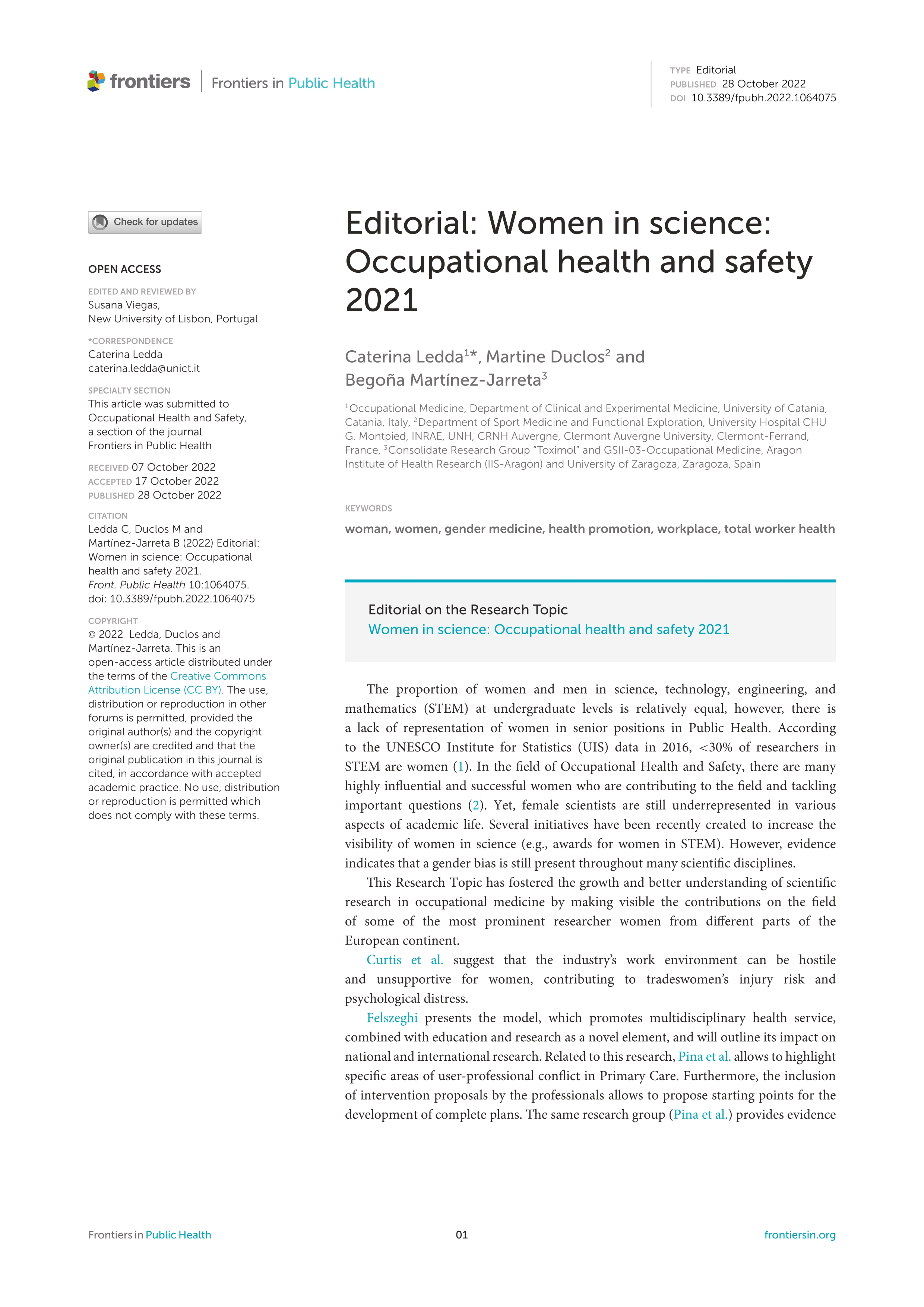 Editorial: Women in science: Occupational health and safety 2021