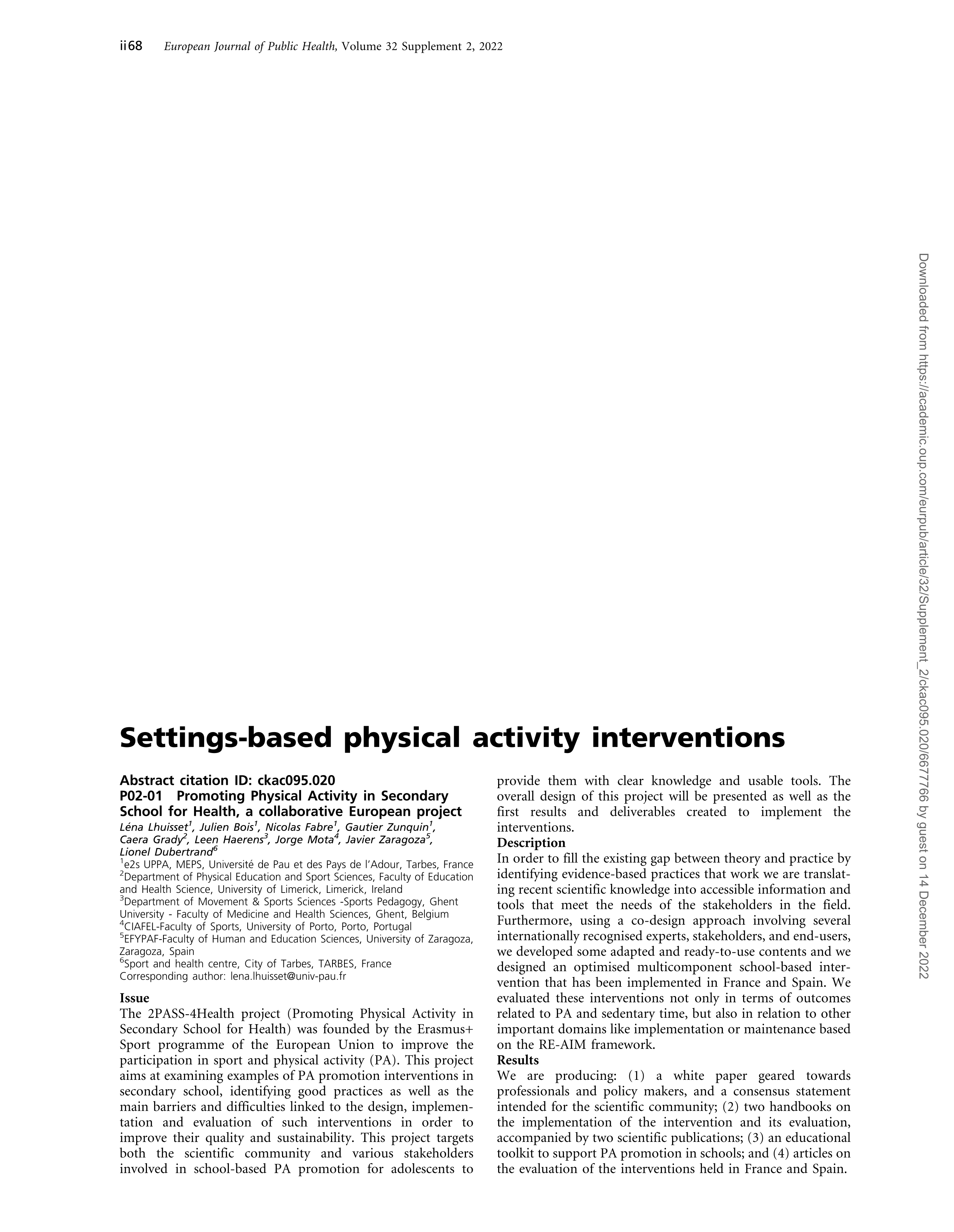P02-01 Promoting Physical Activity in Secondary School for Health, a collaborative European project