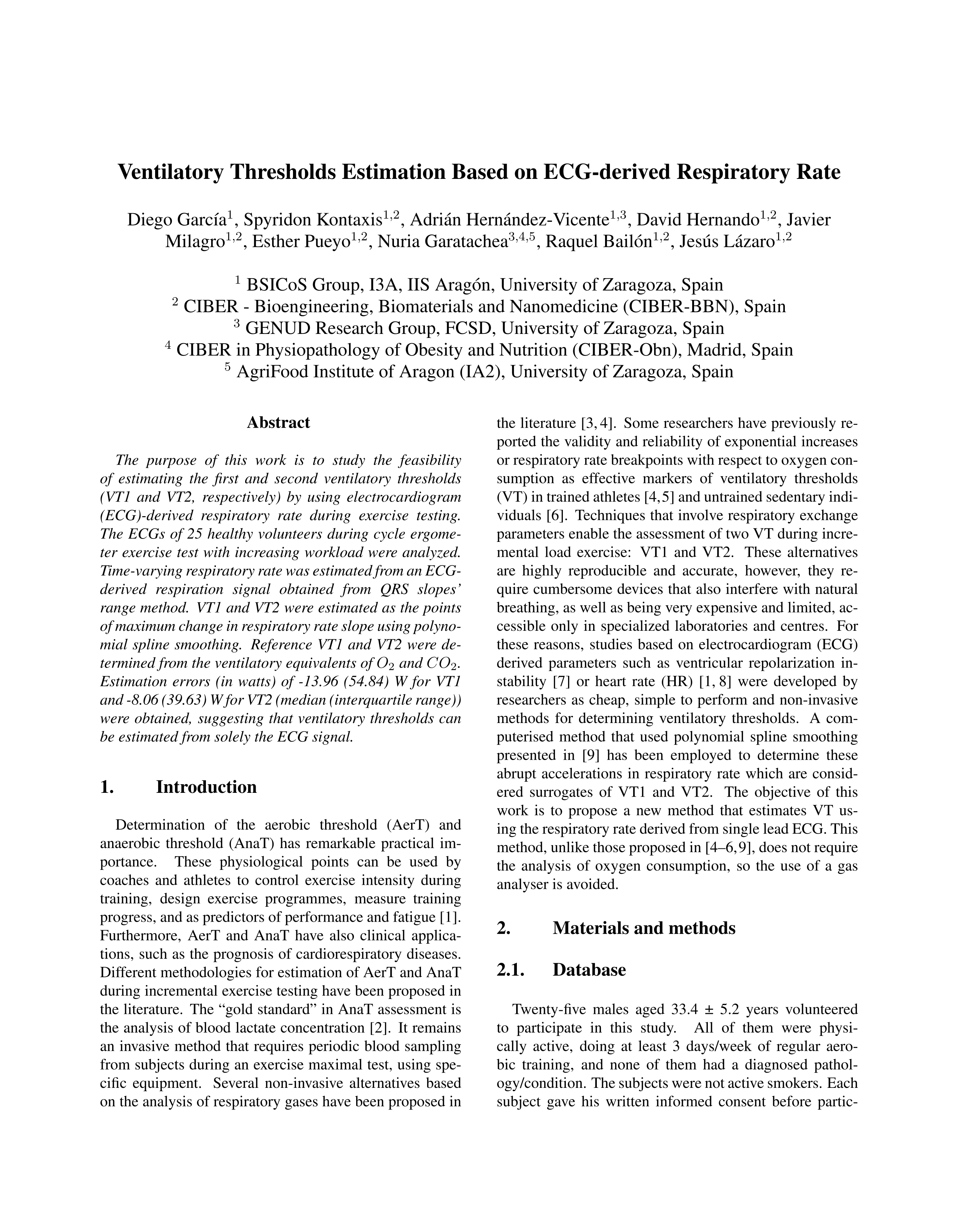 Ventilatory Thresholds Estimation Based on ECG-derived Respiratory Rate