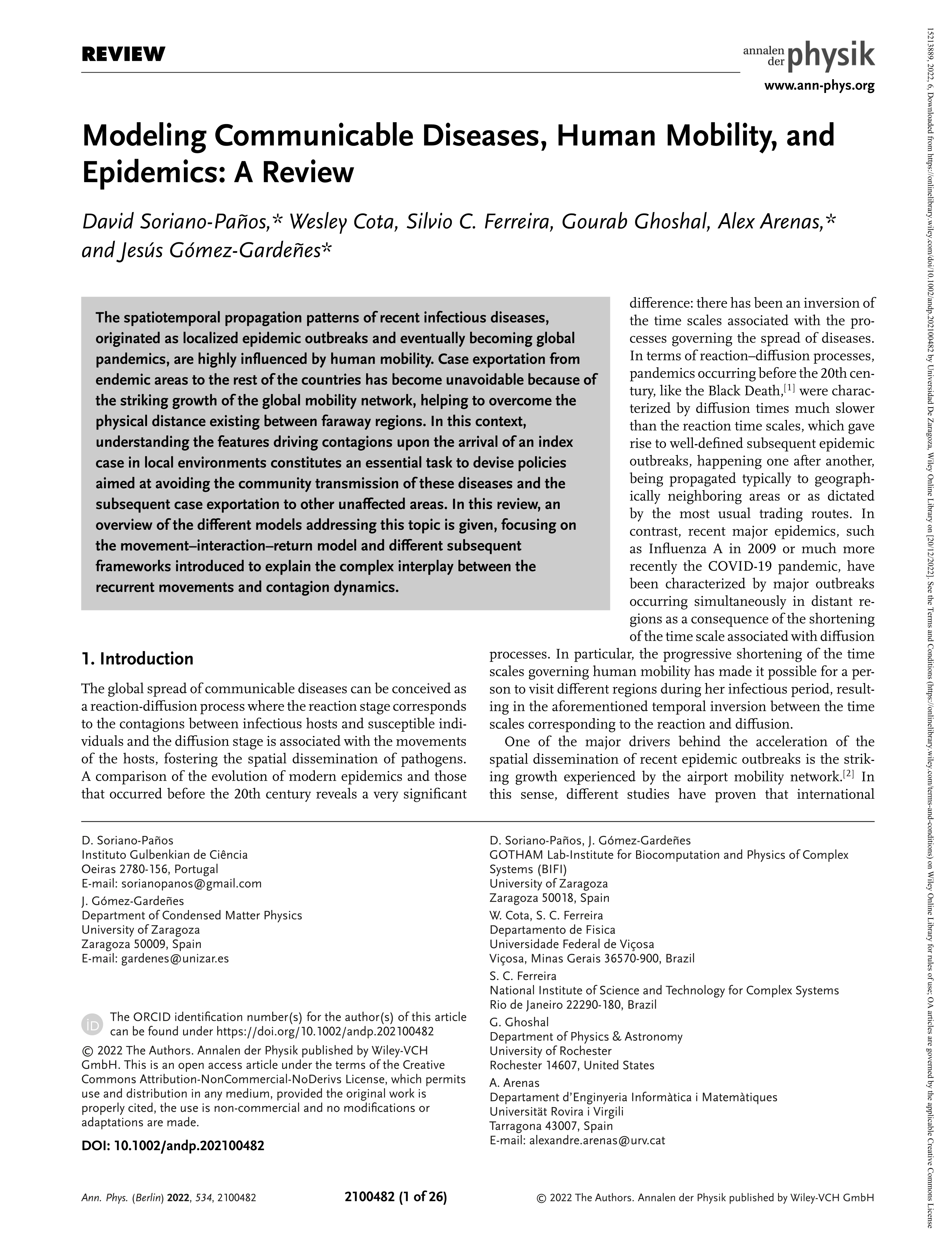 Modeling communicable diseases, human mobility, and epidemics: a review