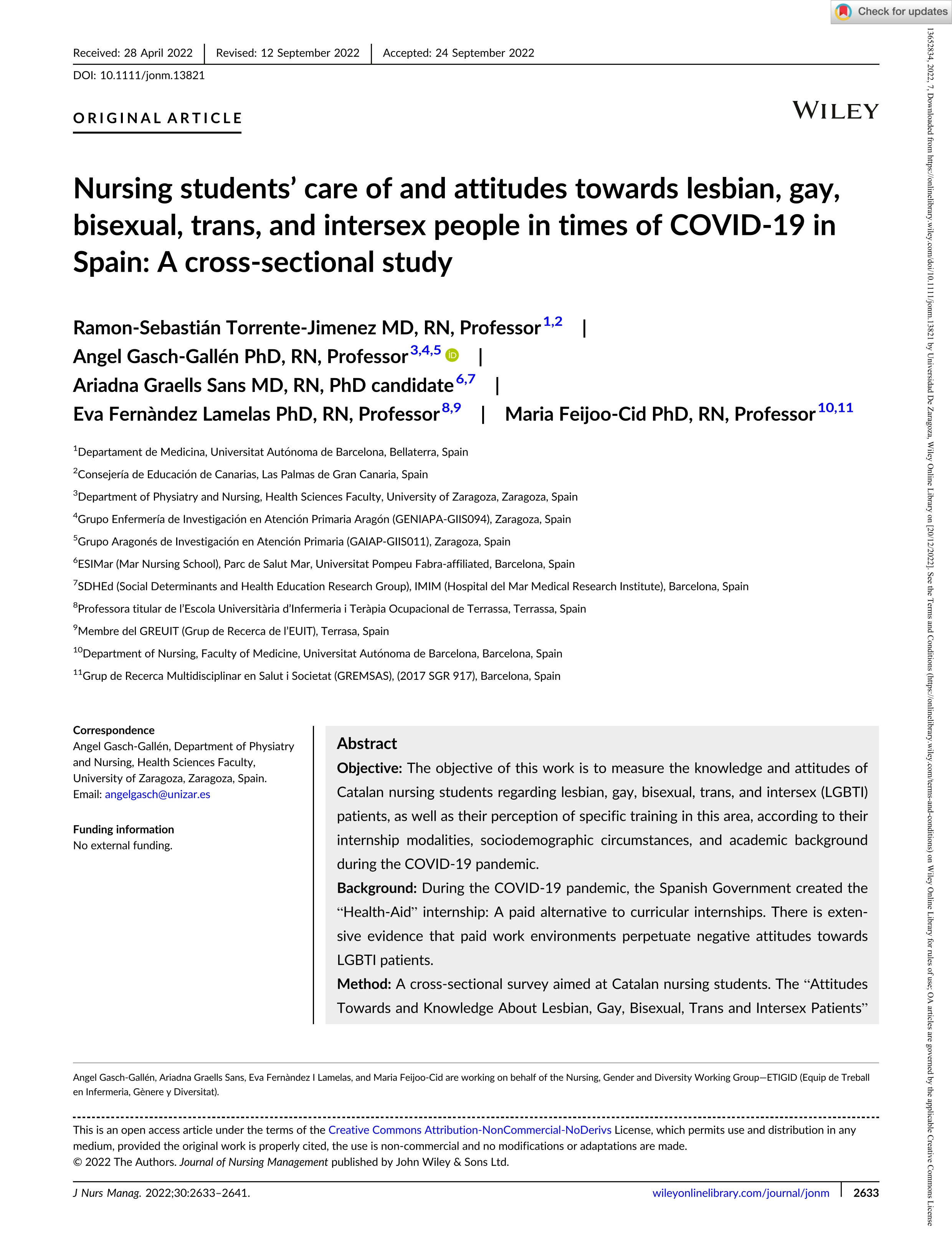 Nursing students' care of and attitudes towards lesbian, gay, bisexual, trans, and intersex people in times of COVID-19 in Spain: A cross-sectional study