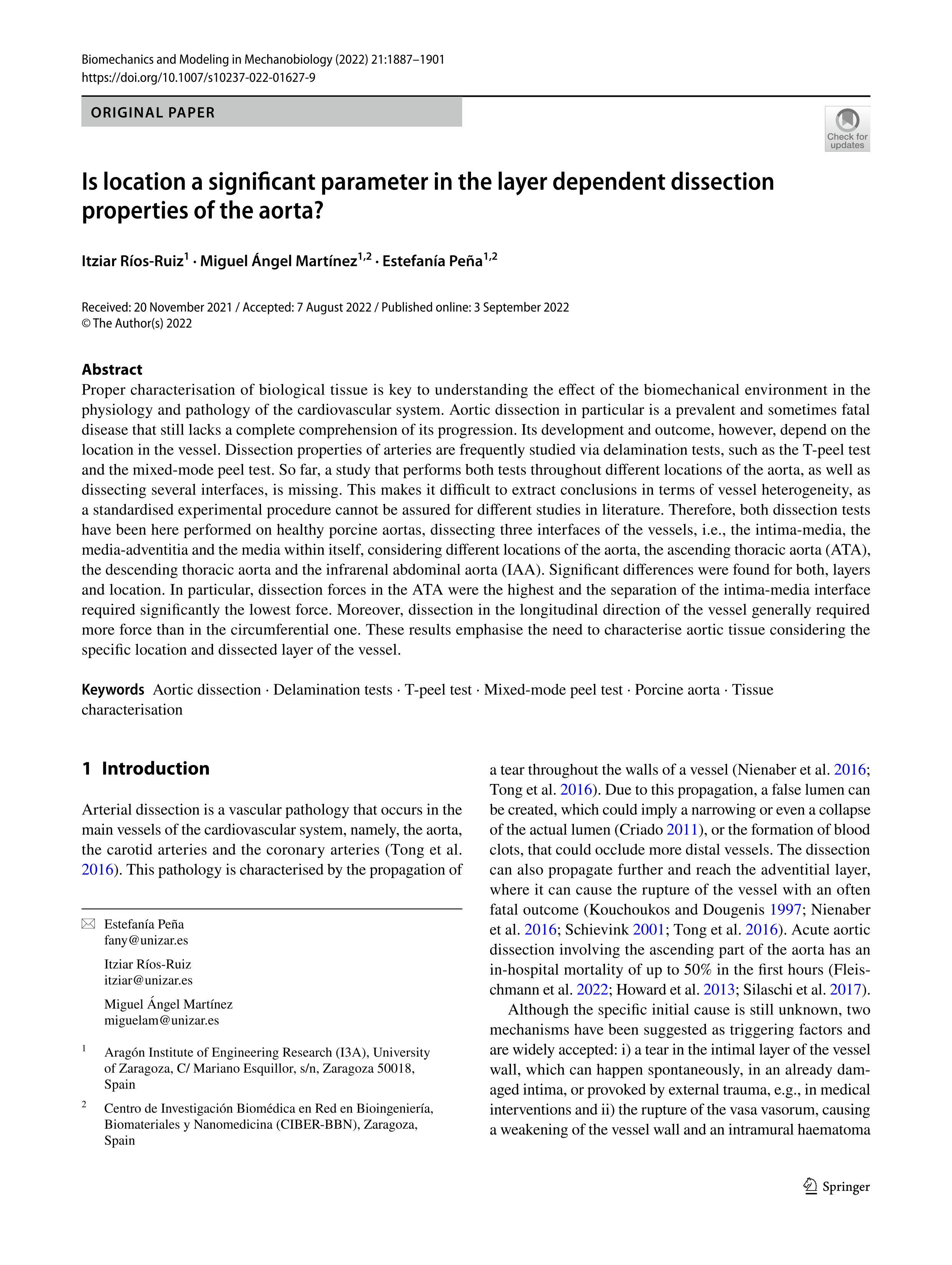 Is location a significant parameter in the layer dependent dissection properties of the aorta?
