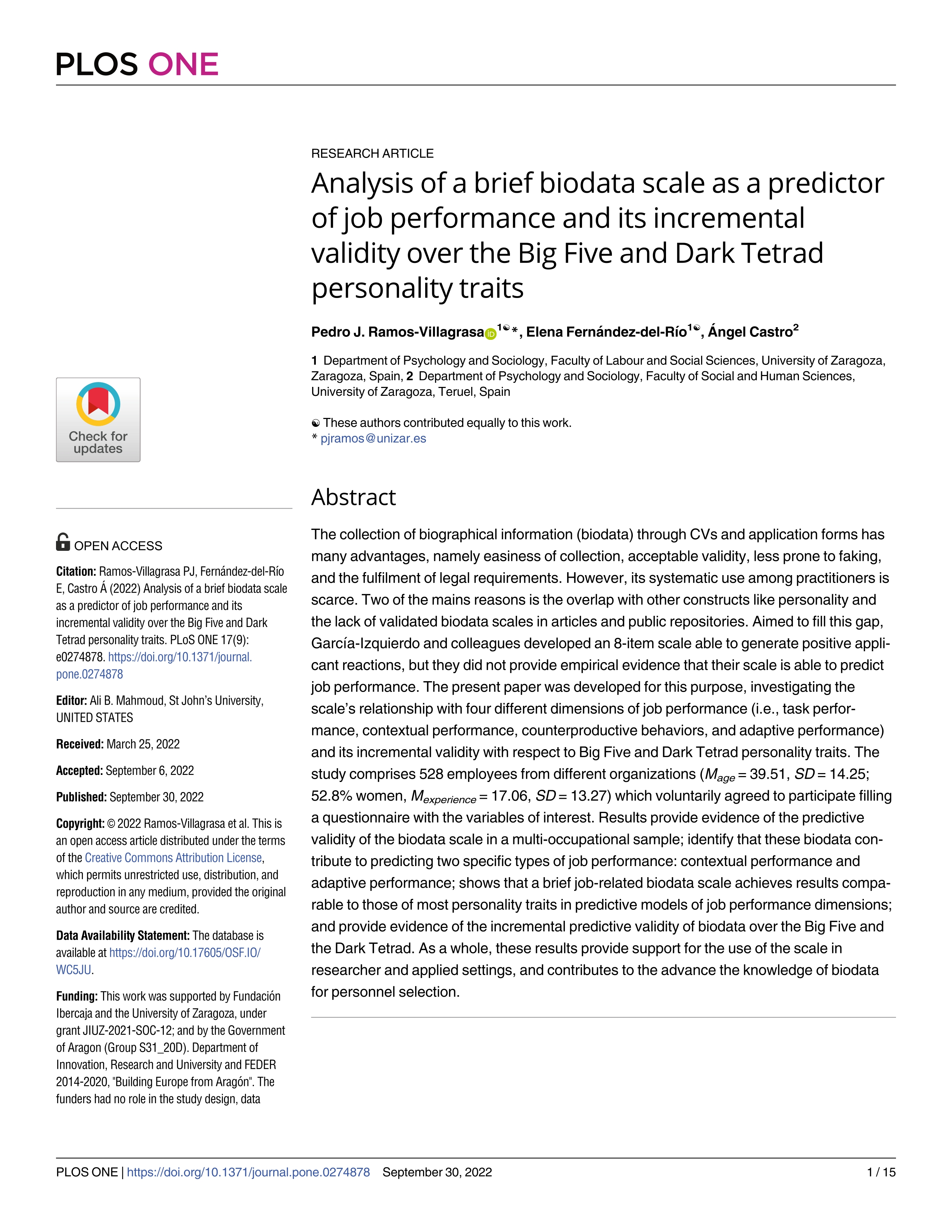 Analysis of a brief biodata scale as a predictor of job performance and its incremental validity over the Big Five and Dark Tetrad personality traits