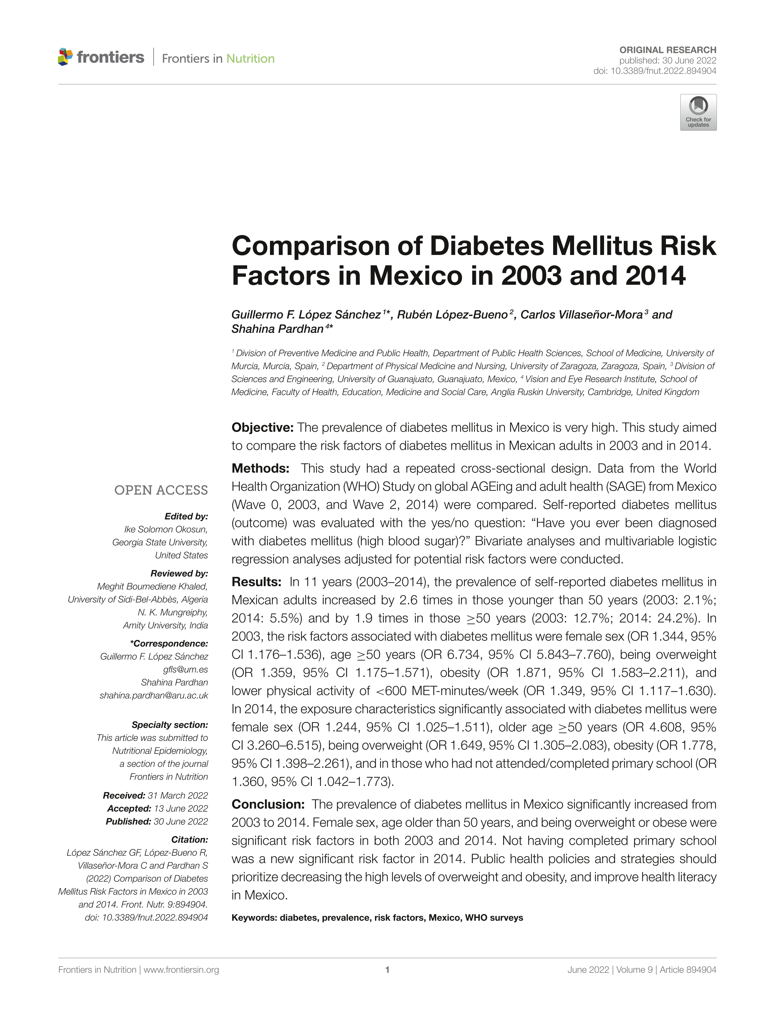 Comparison of Diabetes Mellitus risk factors in Mexico in 2003 and 2014