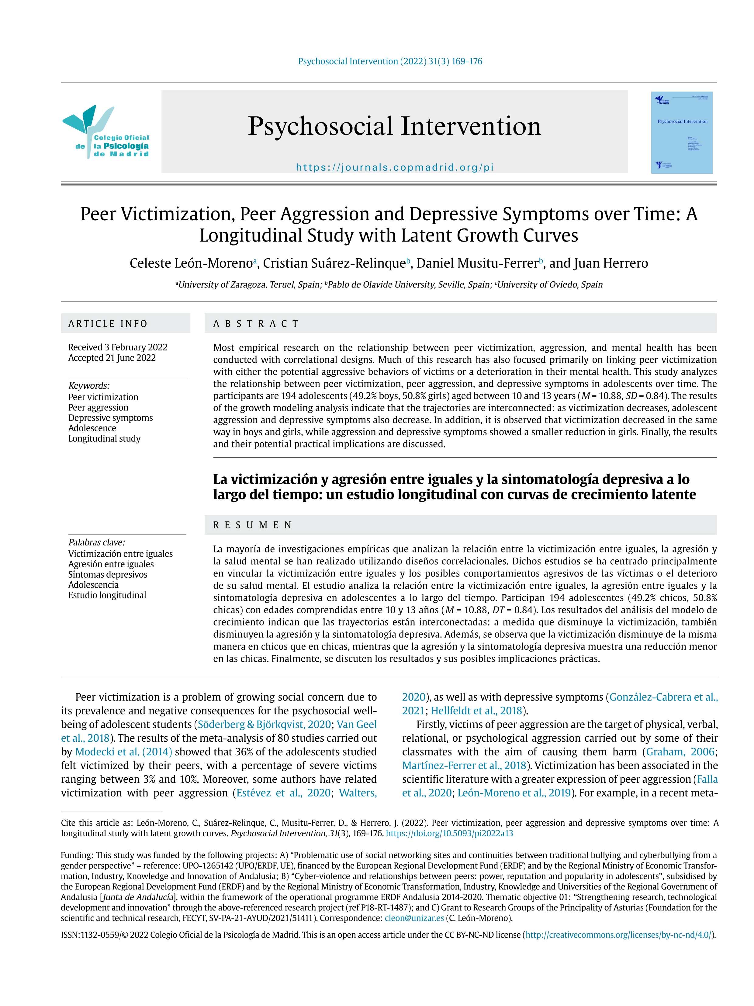 Peer Victimization, Peer Aggression and Depressive Symptoms over Time: A Longitudinal Study with Latent Growth Curves