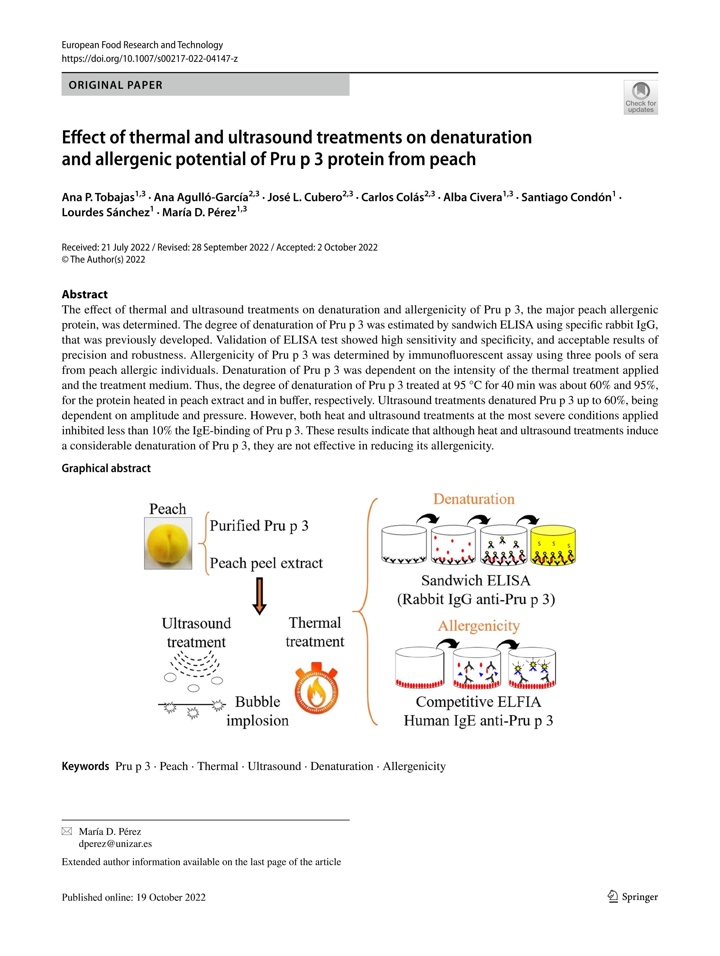 Effect of thermal and ultrasound treatments on denaturation and allergenic potential of Pru p 3 protein from peach