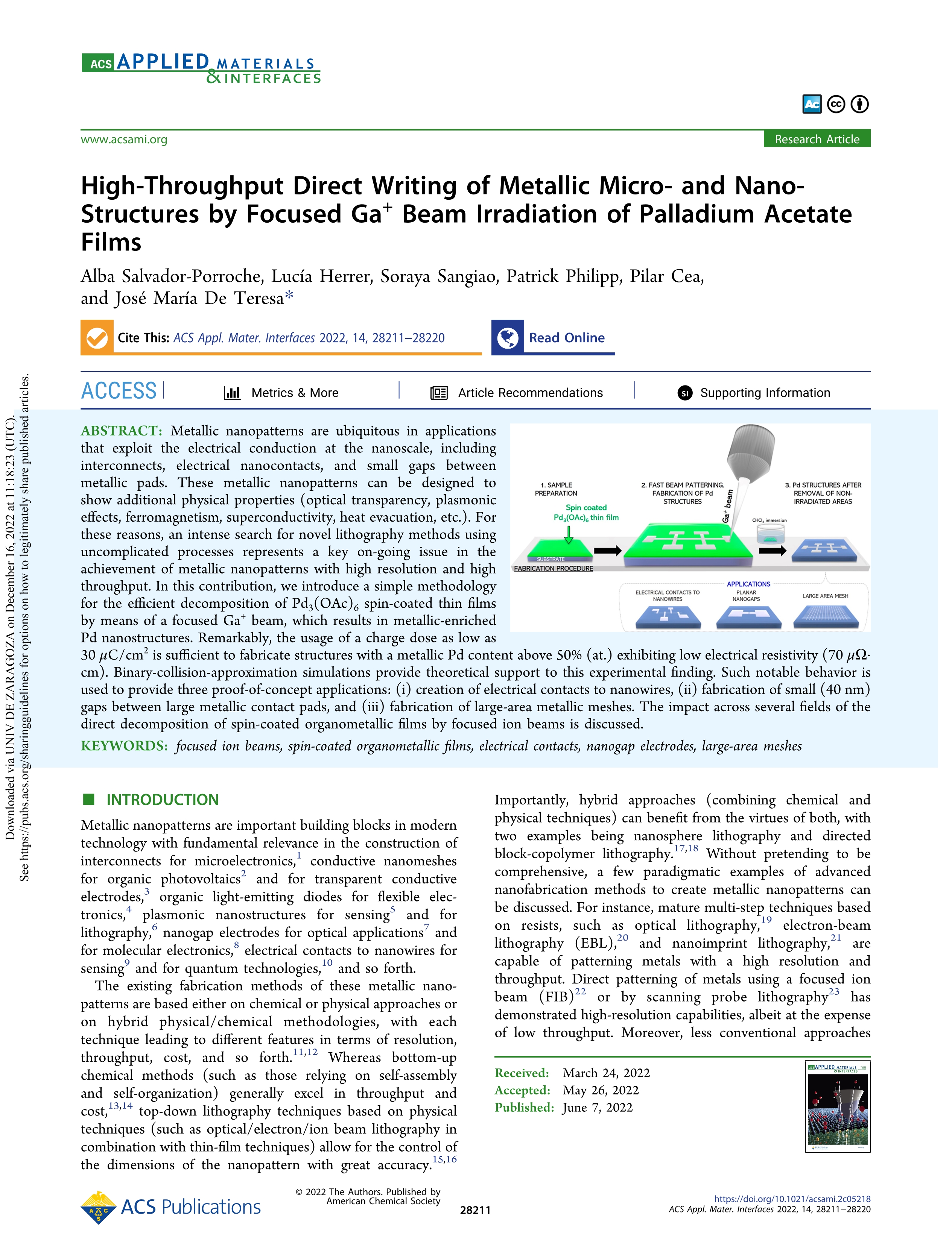 High-Throughput Direct Writing of Metallic Micro- and Nano-Structures by Focused Ga+Beam Irradiation of Palladium Acetate Films; 35671475