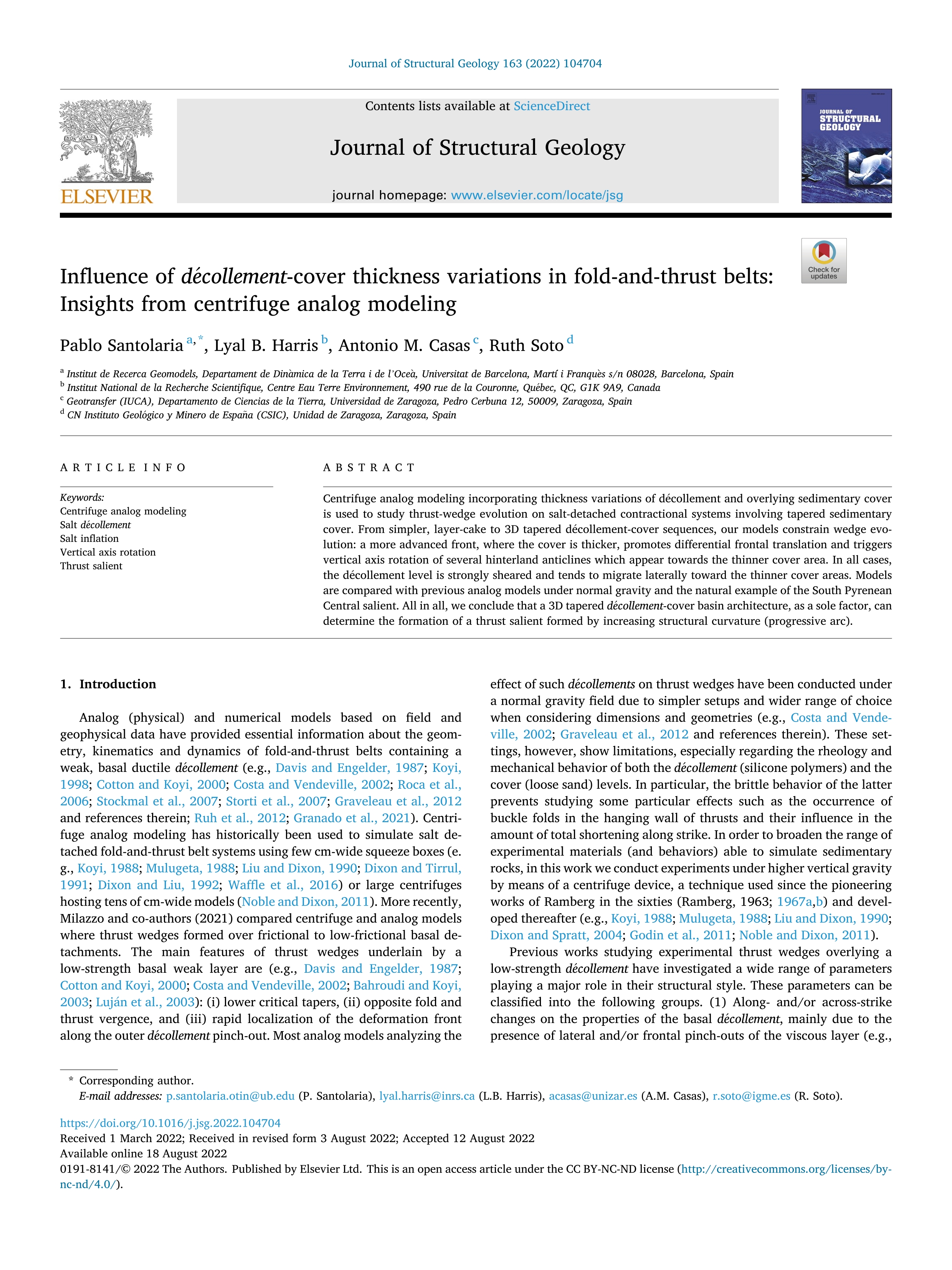 Influence of décollement-cover thickness variations in fold-and-thrust belts: Insights from centrifuge analog modeling