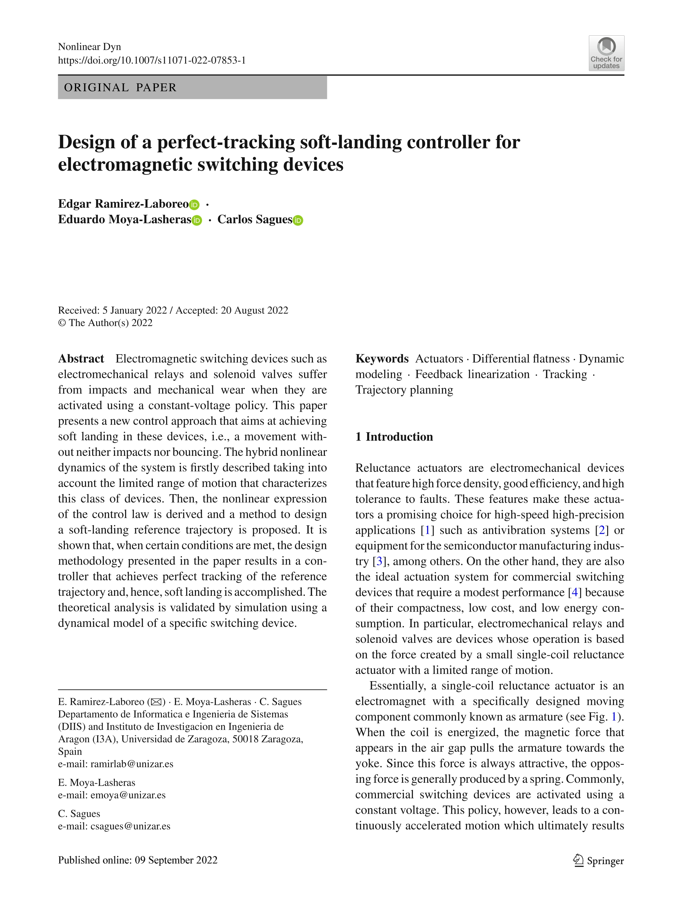 Design of a perfect-tracking soft-landing controller for electromagnetic switching devices