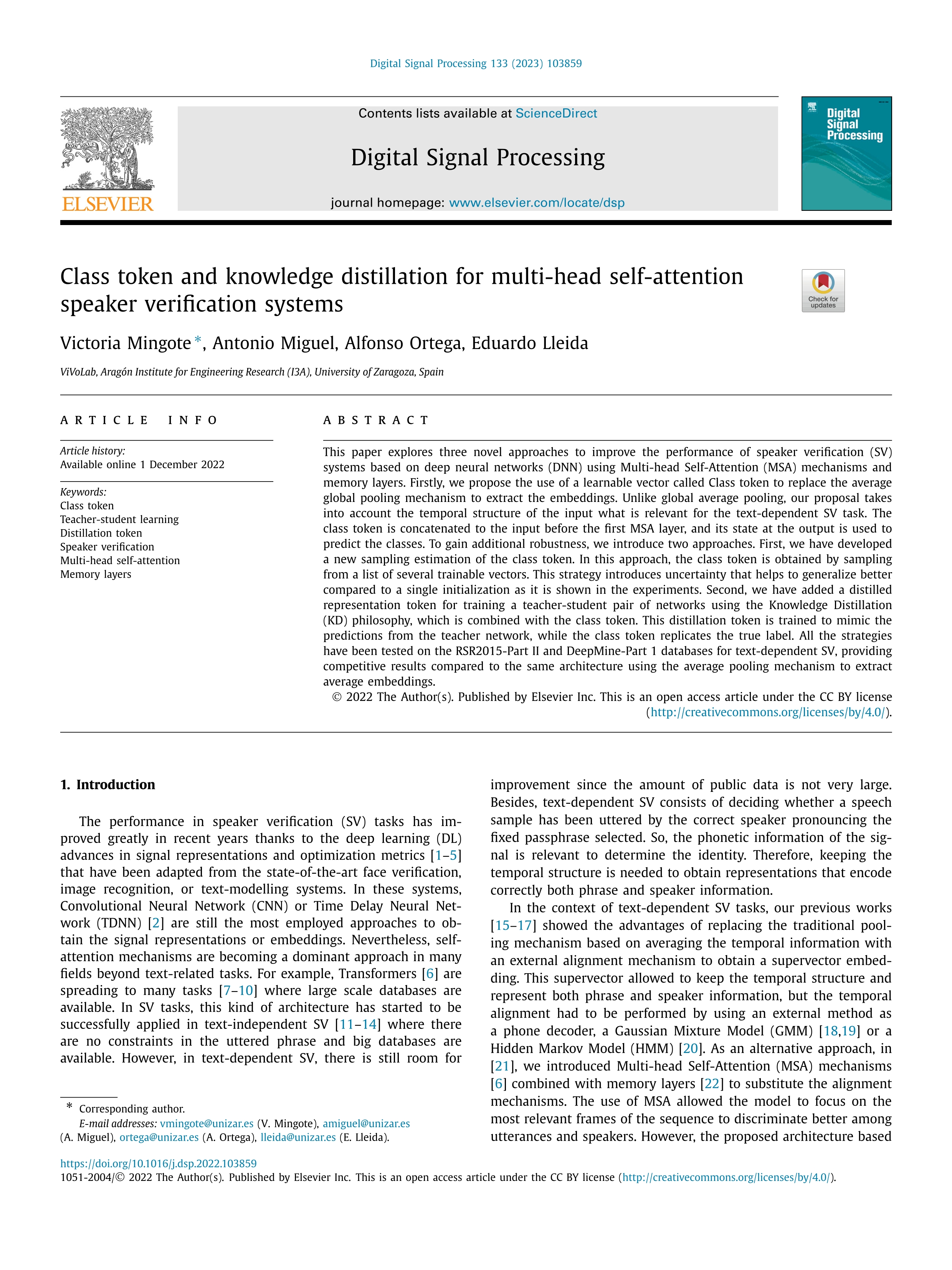 Class token and knowledge distillation for multi-head self-attention speaker verification systems