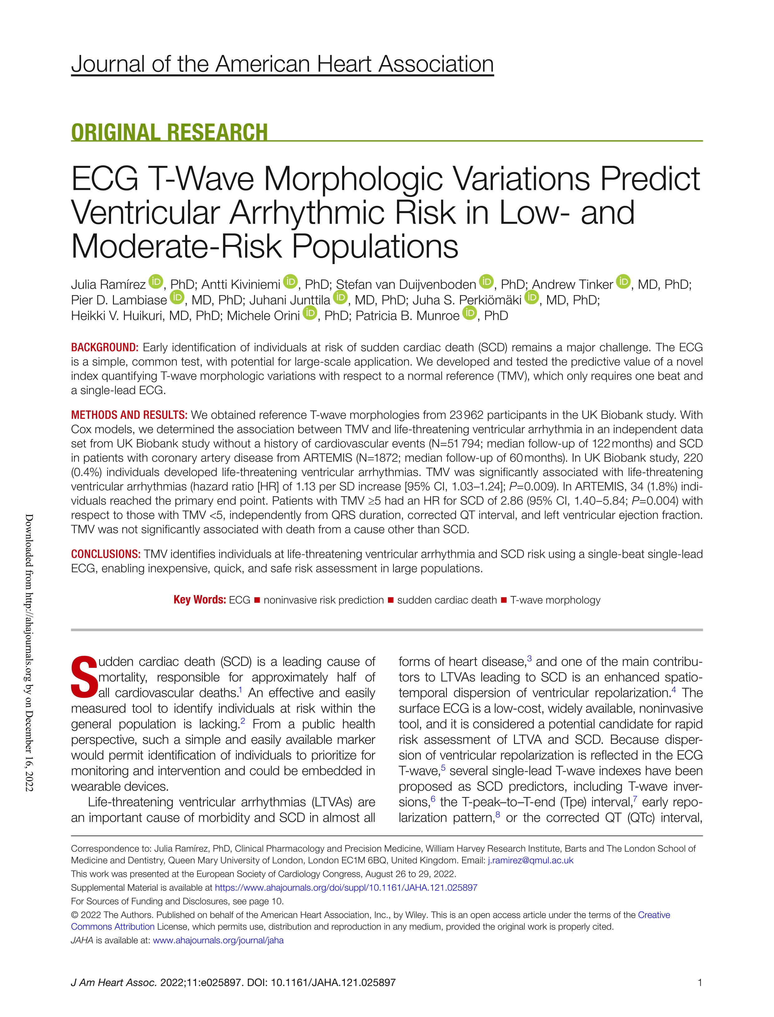 ECG T-Wave Morphologic Variations Predict Ventricular Arrhythmic Risk in Low- and Moderate-Risk Populations