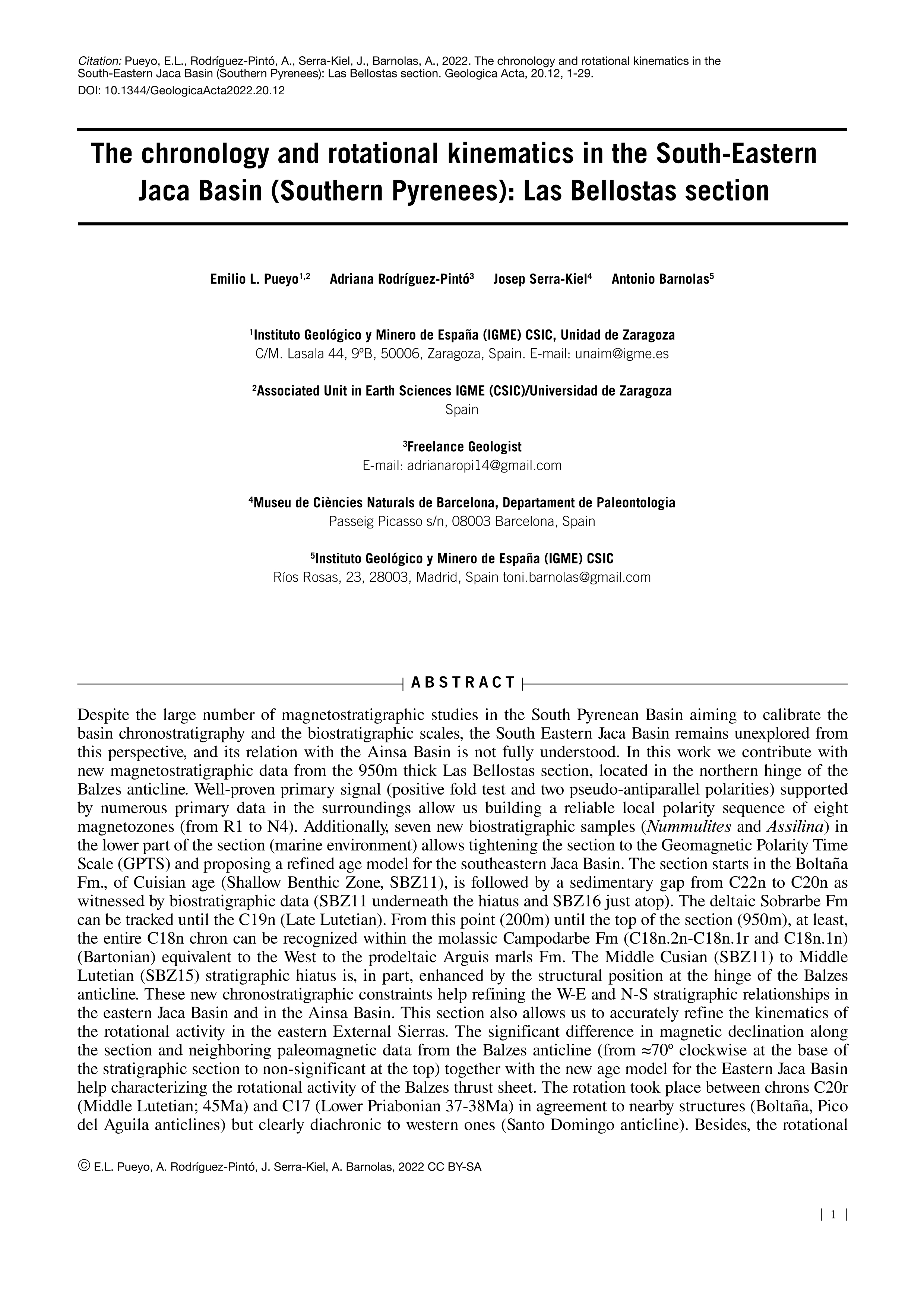 The chronology and rotational kinematics in the South-Eastern  Jaca Basin (Southern Pyrenees): Las Bellostas section