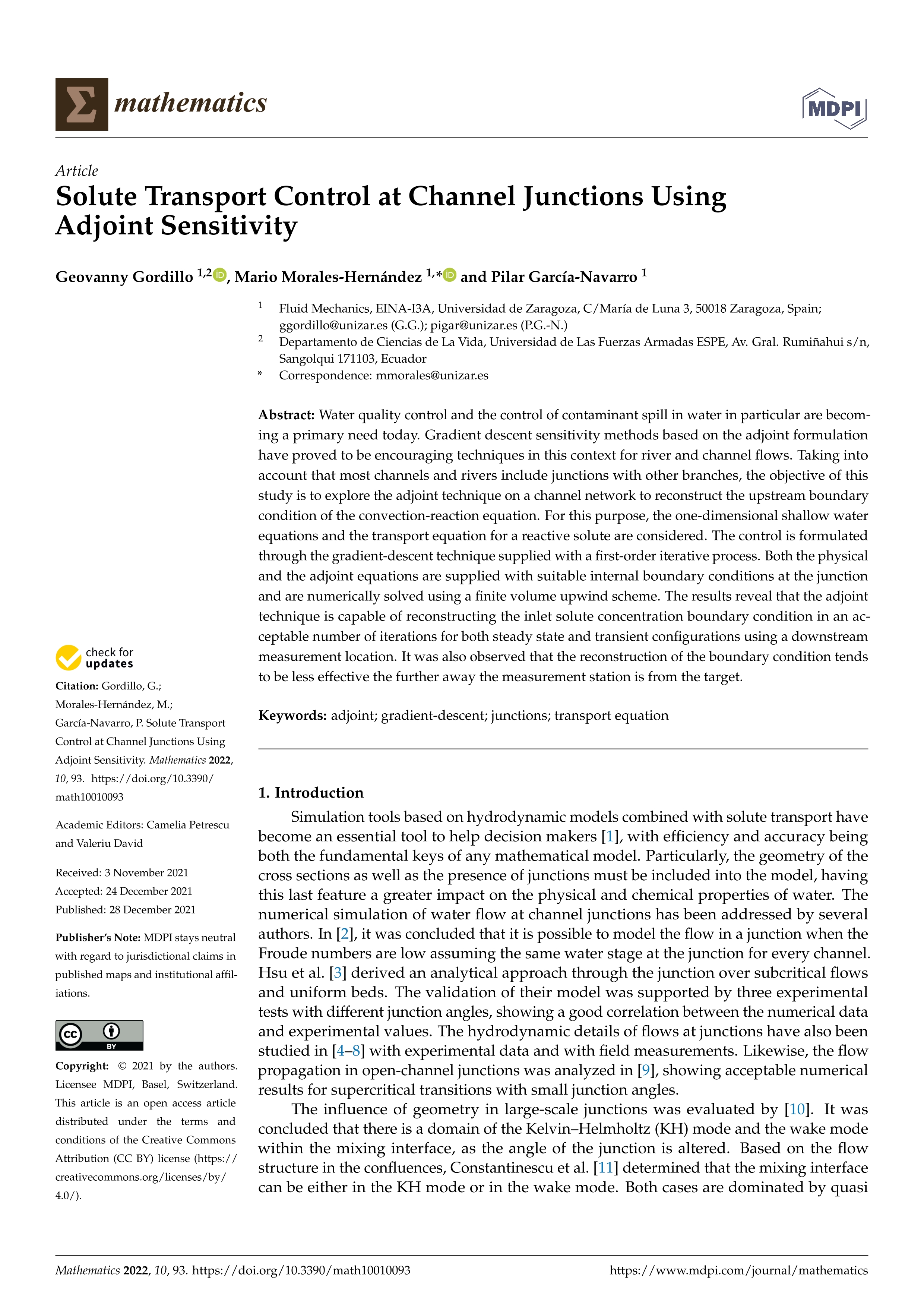 Solute Transport Control at Channel Junctions Using Adjoint Sensitivity