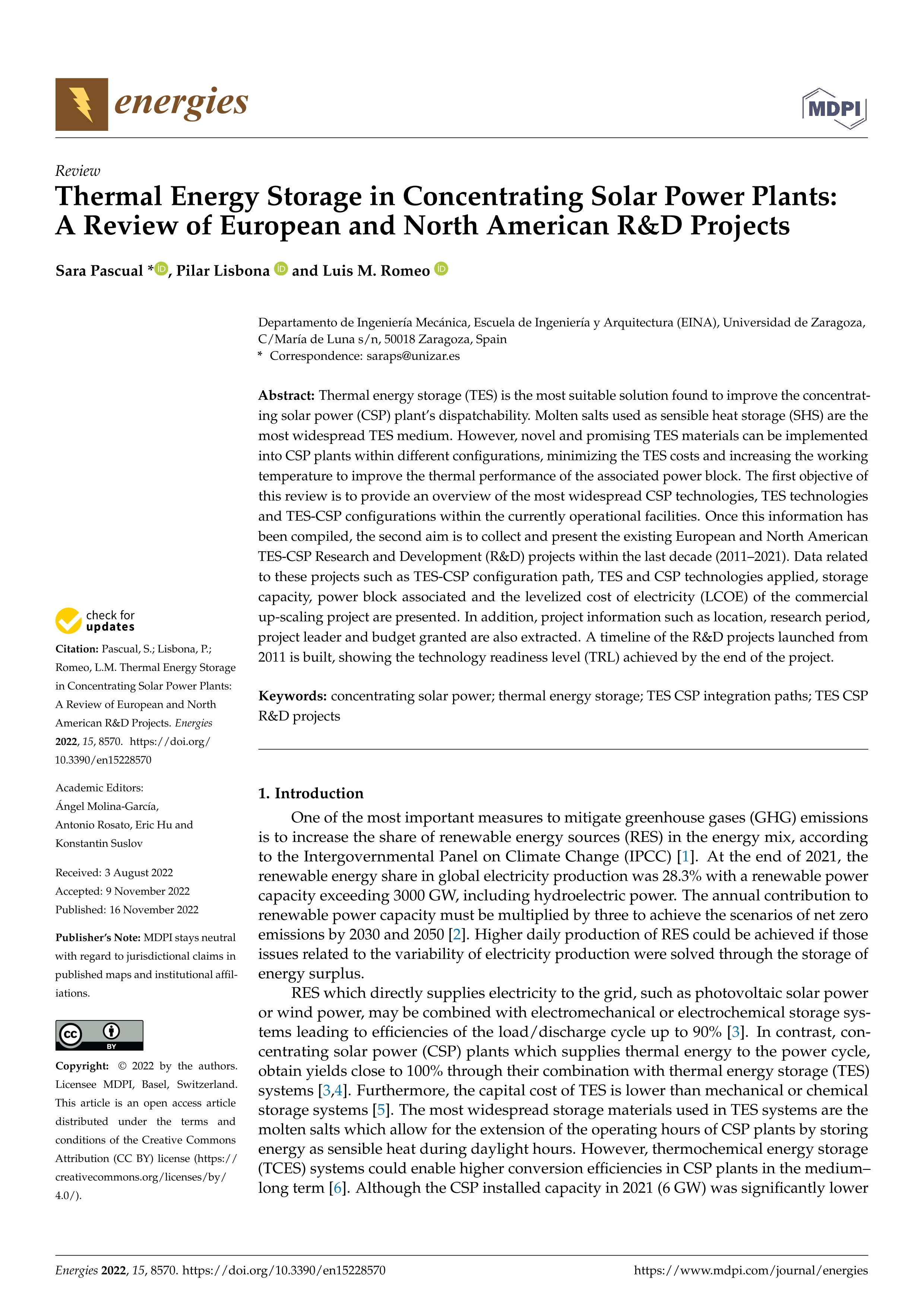 Thermal Energy Storage in Concentrating Solar Power Plants: A Review of European and North American R&D Projects