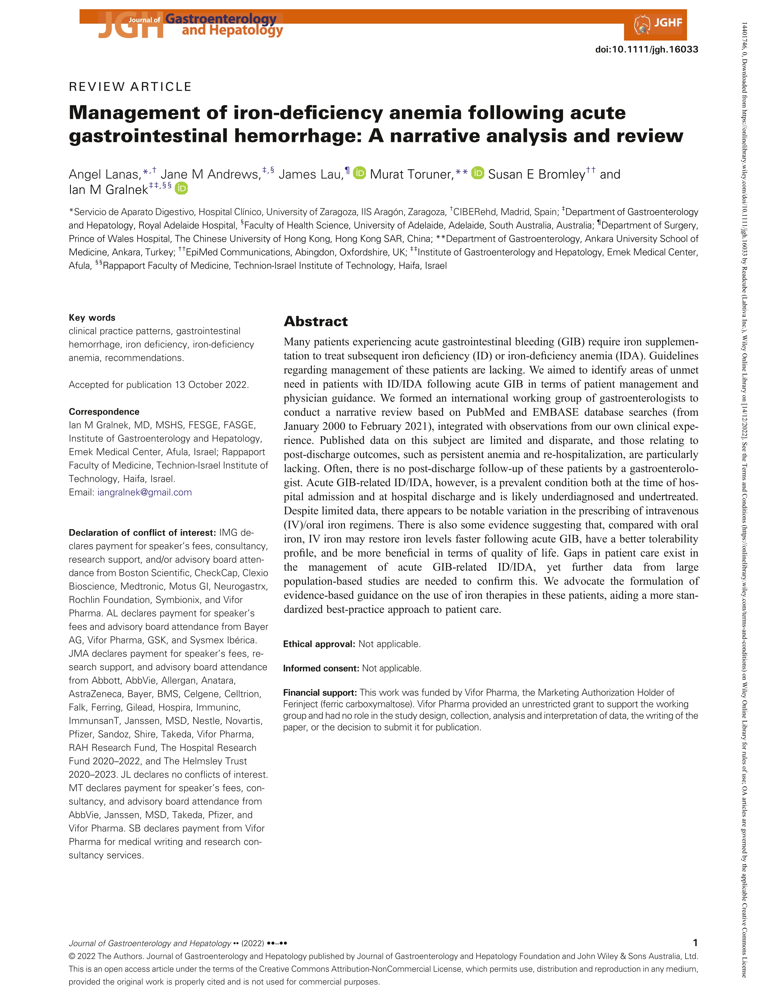 Management of iron-deficiency anemia following acute gastrointestinal hemorrhage: A narrative analysis and review