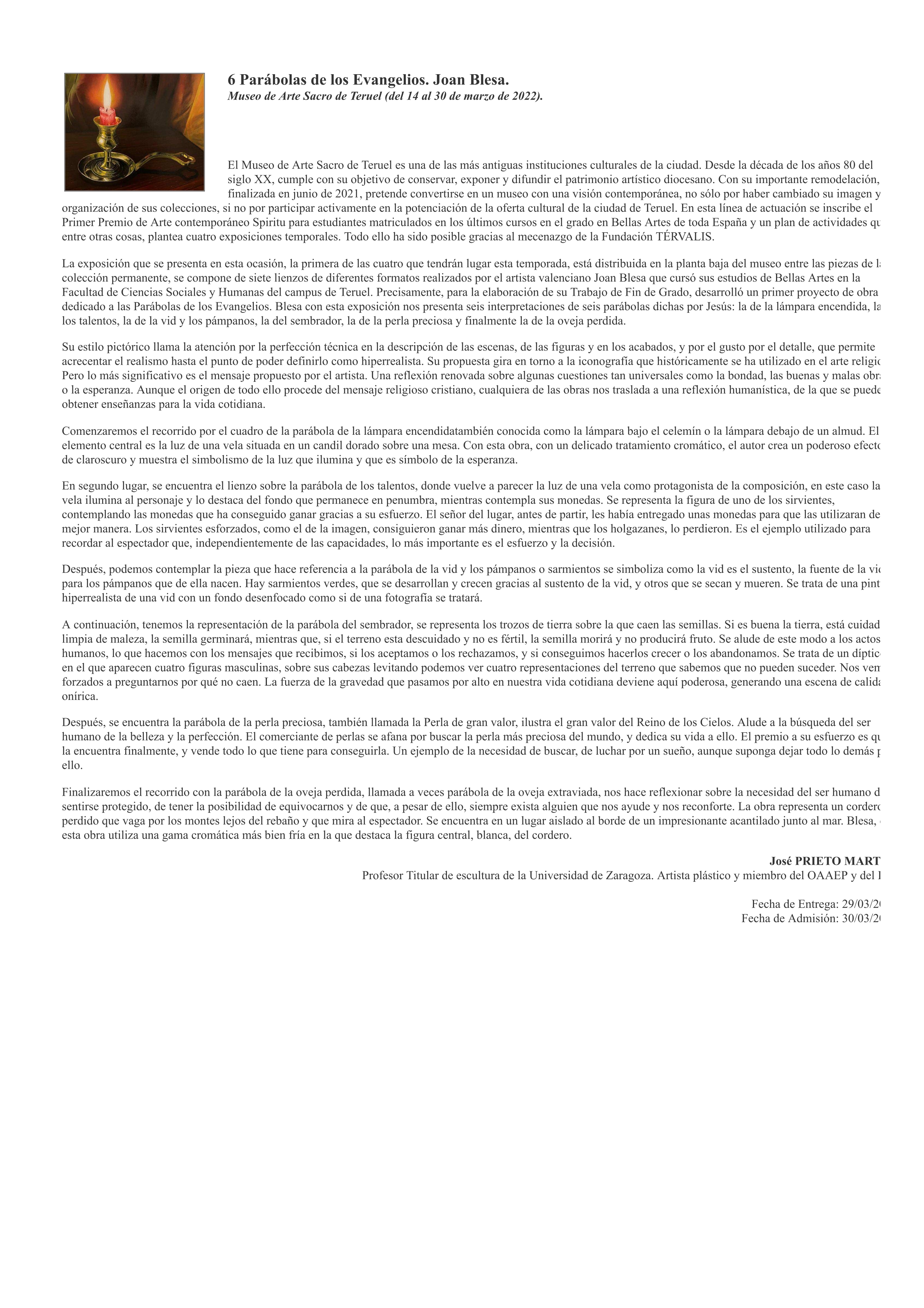 6 Parábolas de loas Evangelios. Joan Blesa. Museo de Arte Sacro de Teruel (del 14 al 30 de marzo de 2022)