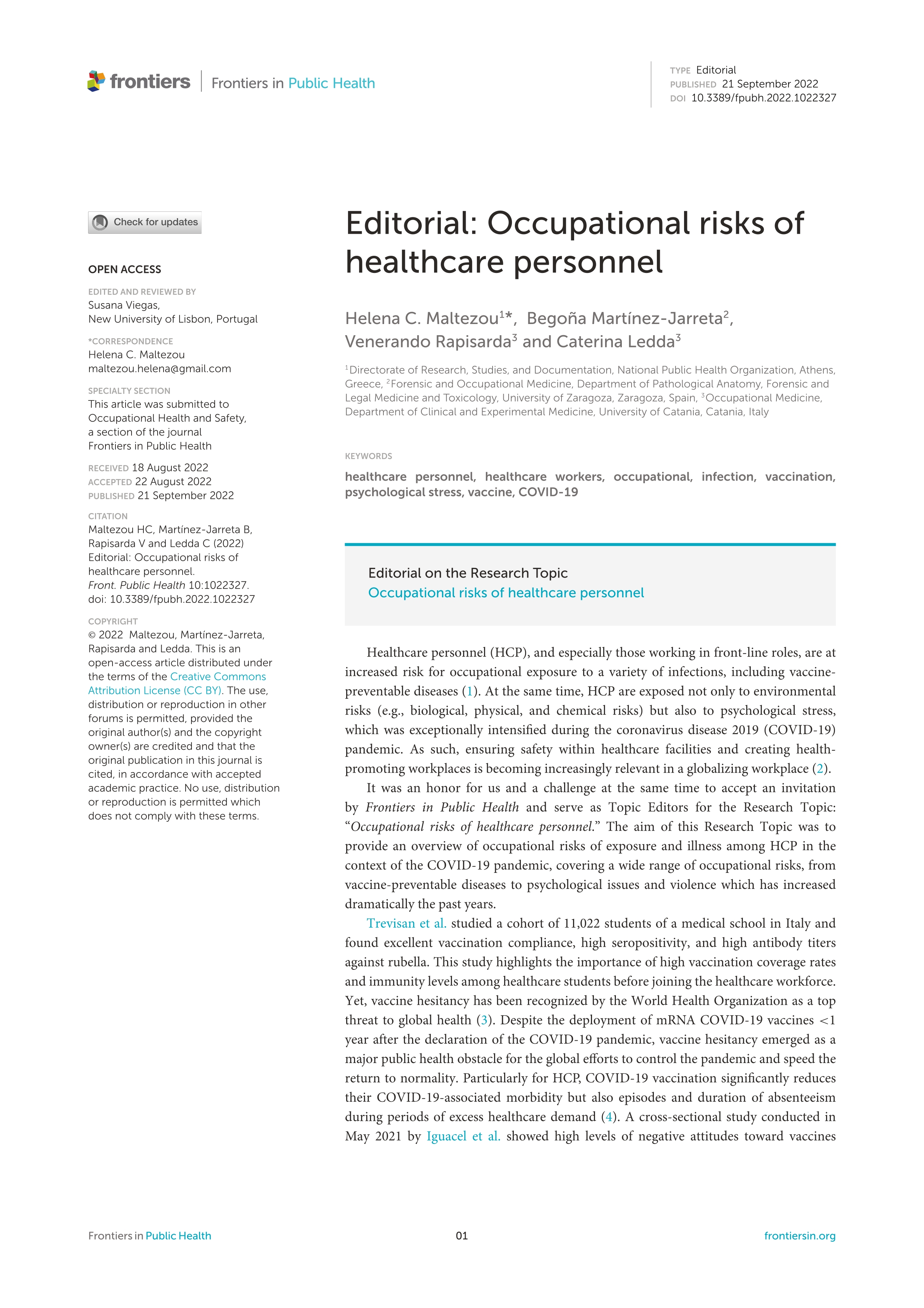 Editorial: Occupational risks of healthcare personnel