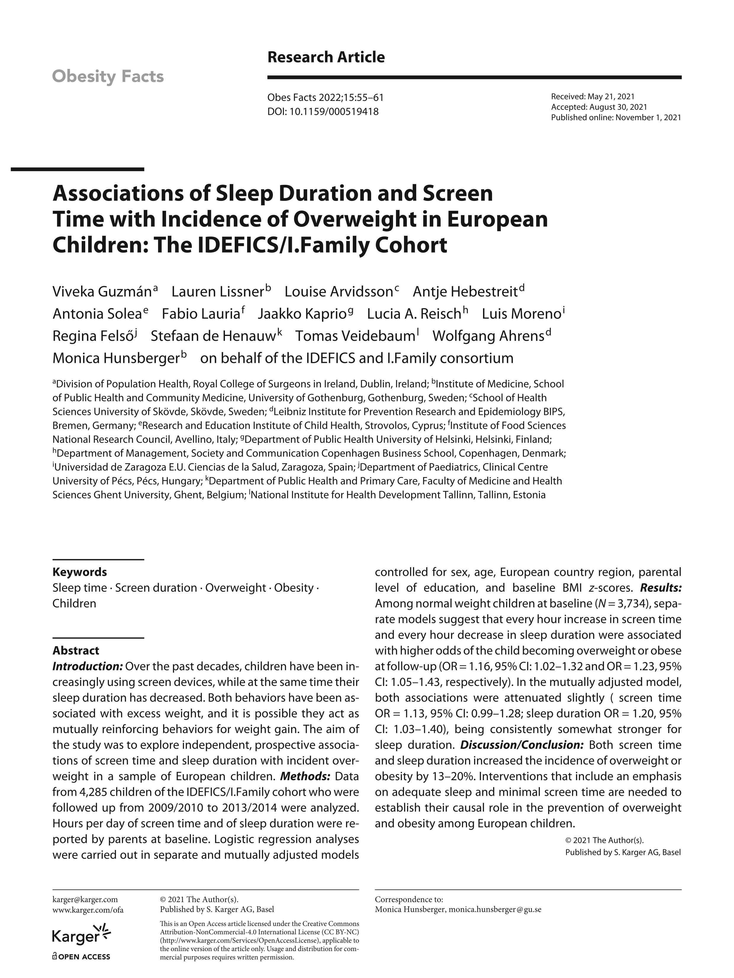 Associations of Sleep Duration and Screen Time with Incidence of Overweight in European Children: The IDEFICS/I.Family Cohort
