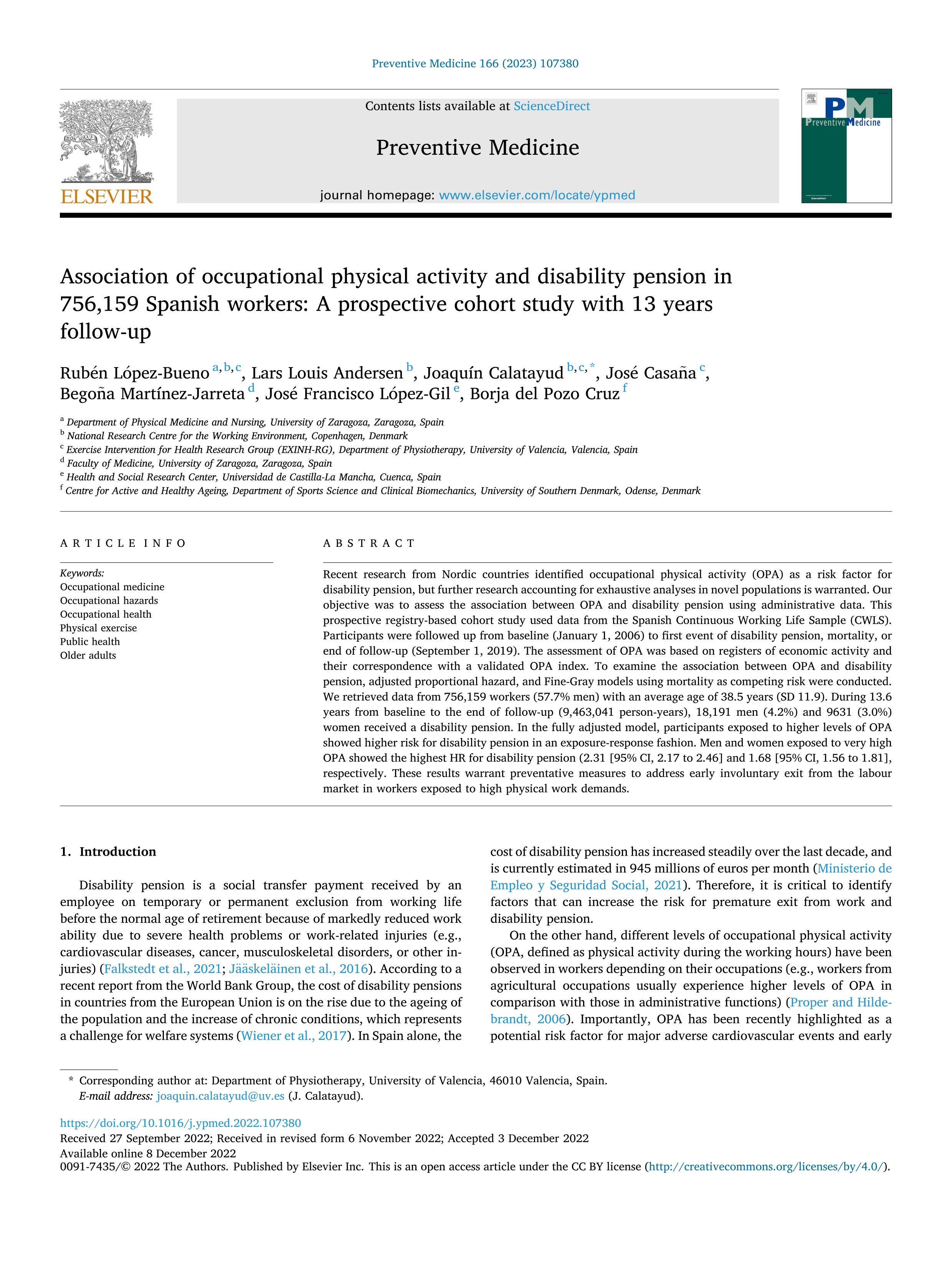 Association of occupational physical activity and disability pension in 756,159 Spanish workers: A prospective cohort study with 13 years follow-up