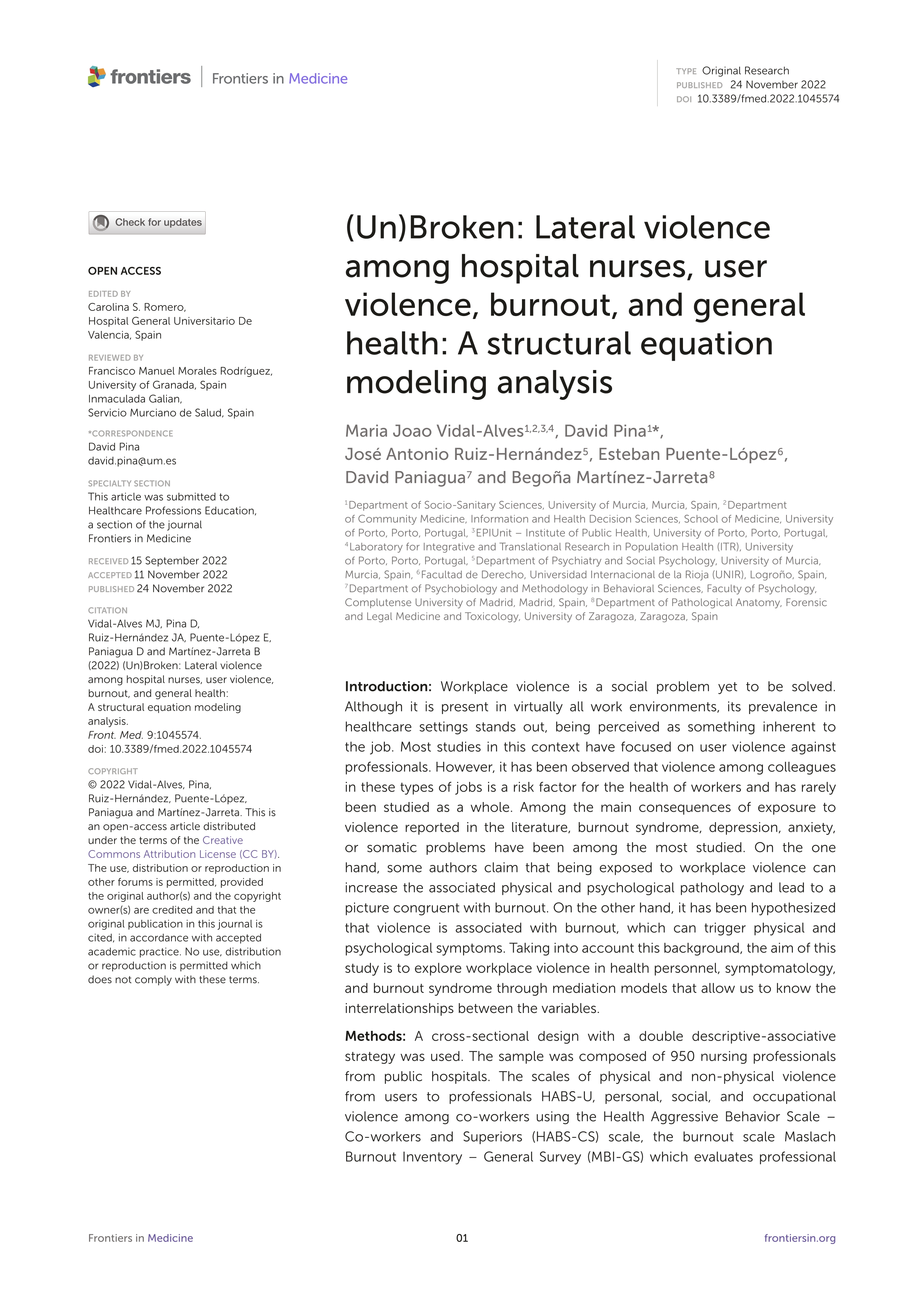 (Un)Broken: Lateral violence among hospital nurses, user violence, burnout, and general health: A structural equation modeling analysis