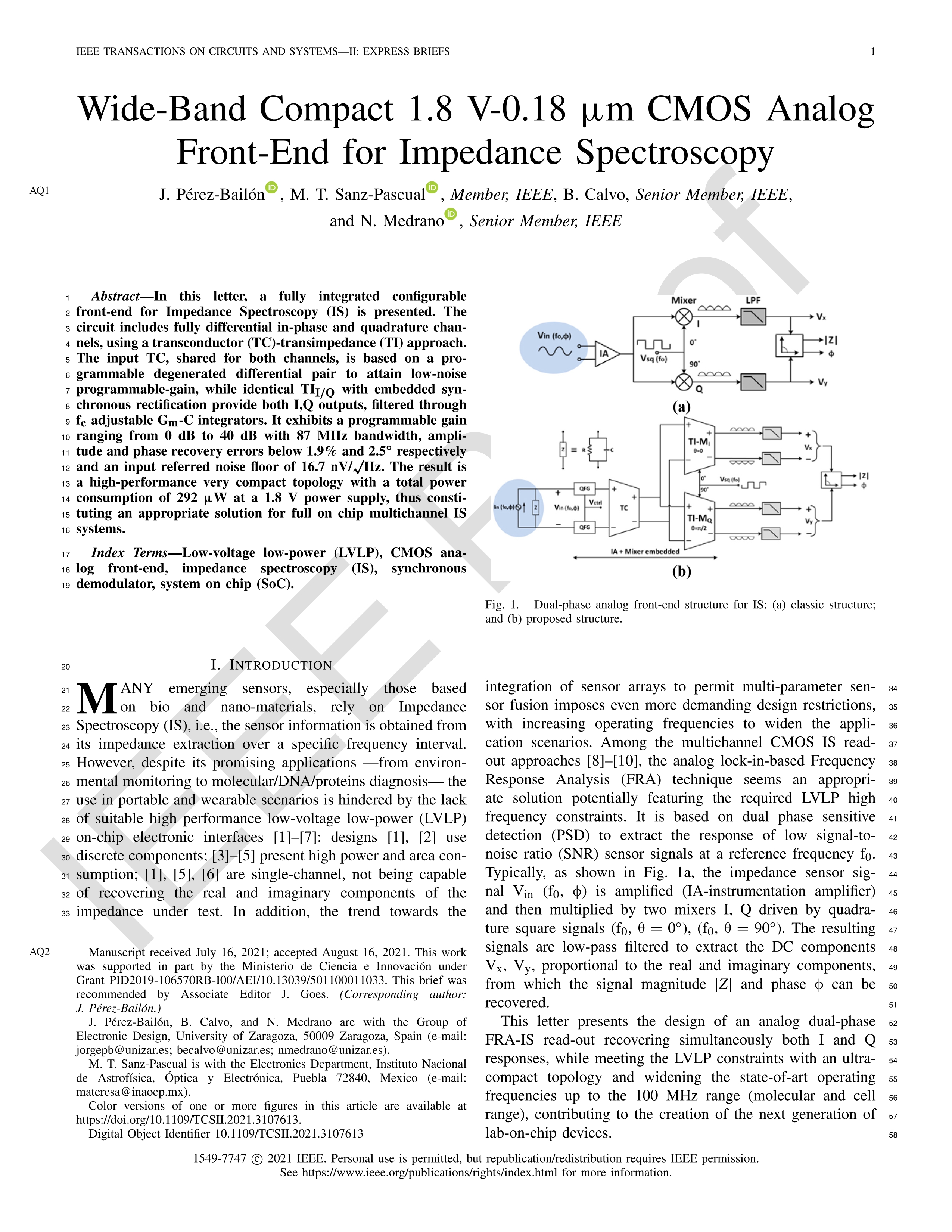 Wide-band compact 1.8 V-0.18 µm CMOS analog front-end for impedance spectroscopy