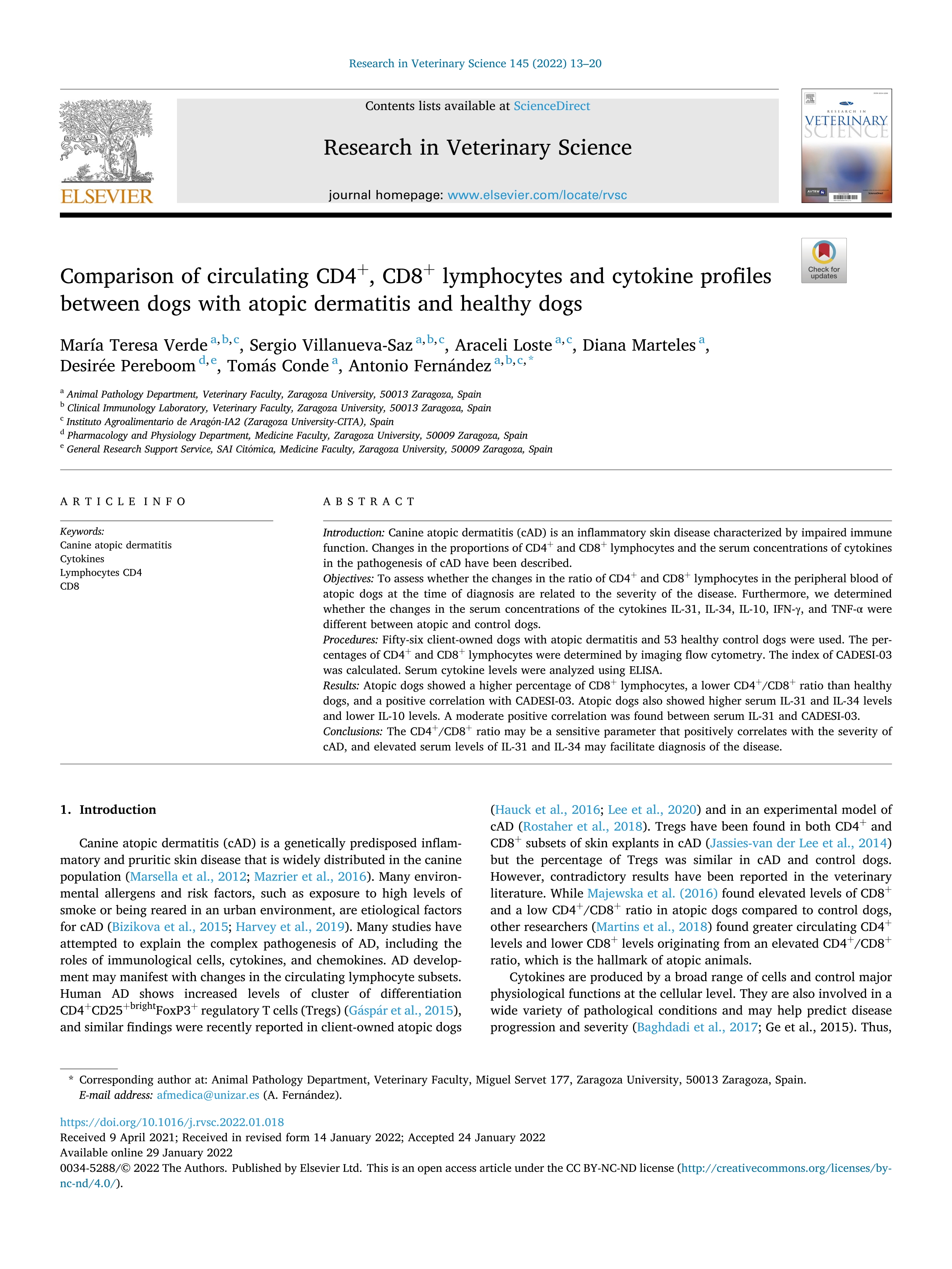 Comparison of circulating CD4+, CD8+ lymphocytes and cytokine profiles between dogs with atopic dermatitis and healthy dogs