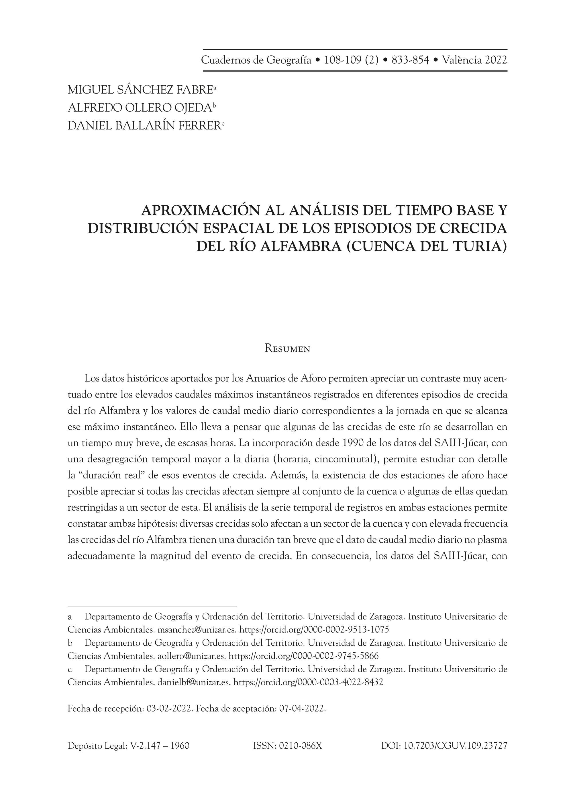 Aproximación al análisis del tiempo base y distribución espacial de los episodios de crecida del río Alfambra (Cuenca del Turia)