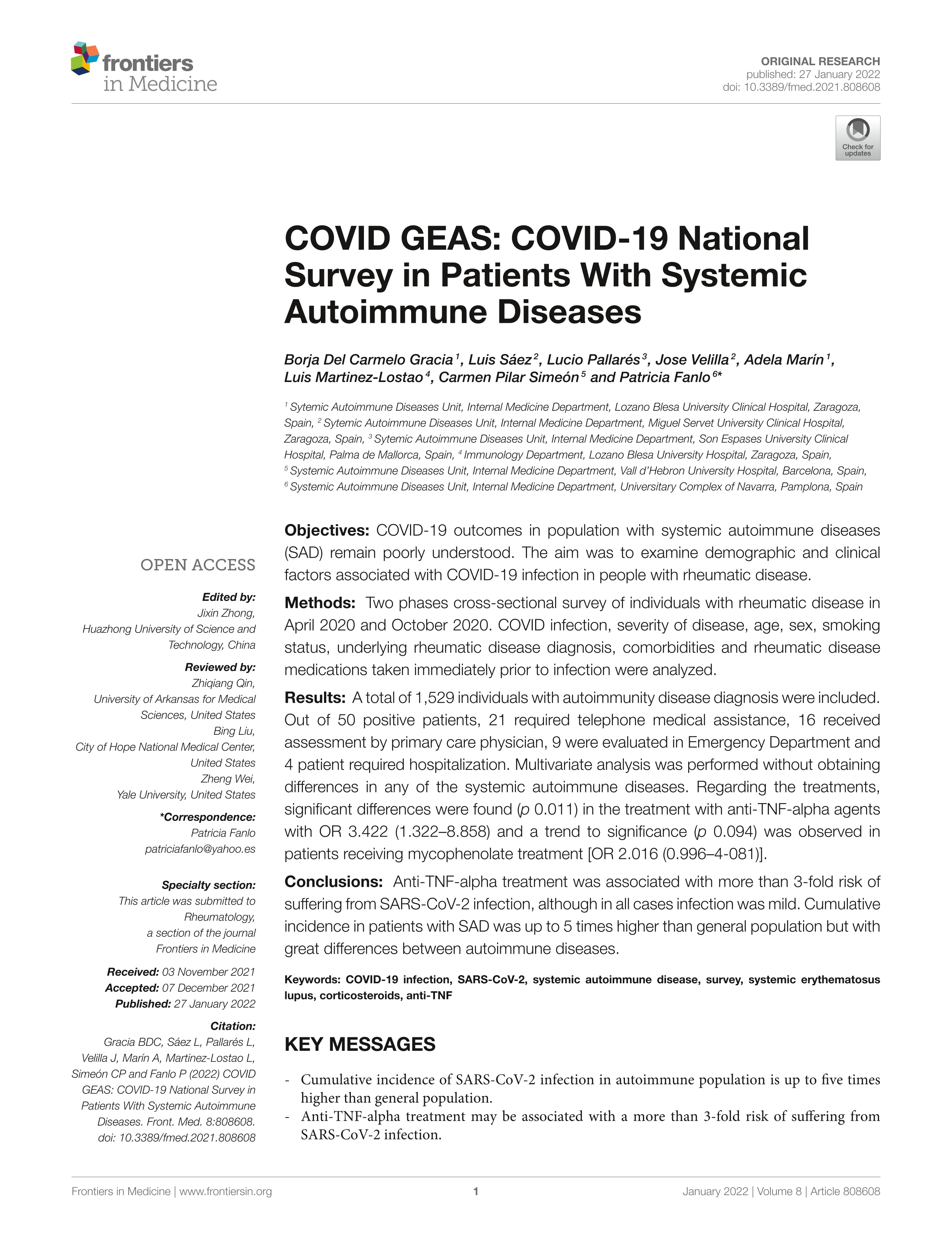 COVID GEAS: COVID-19 National Survey in Patients With Systemic Autoimmune Diseases