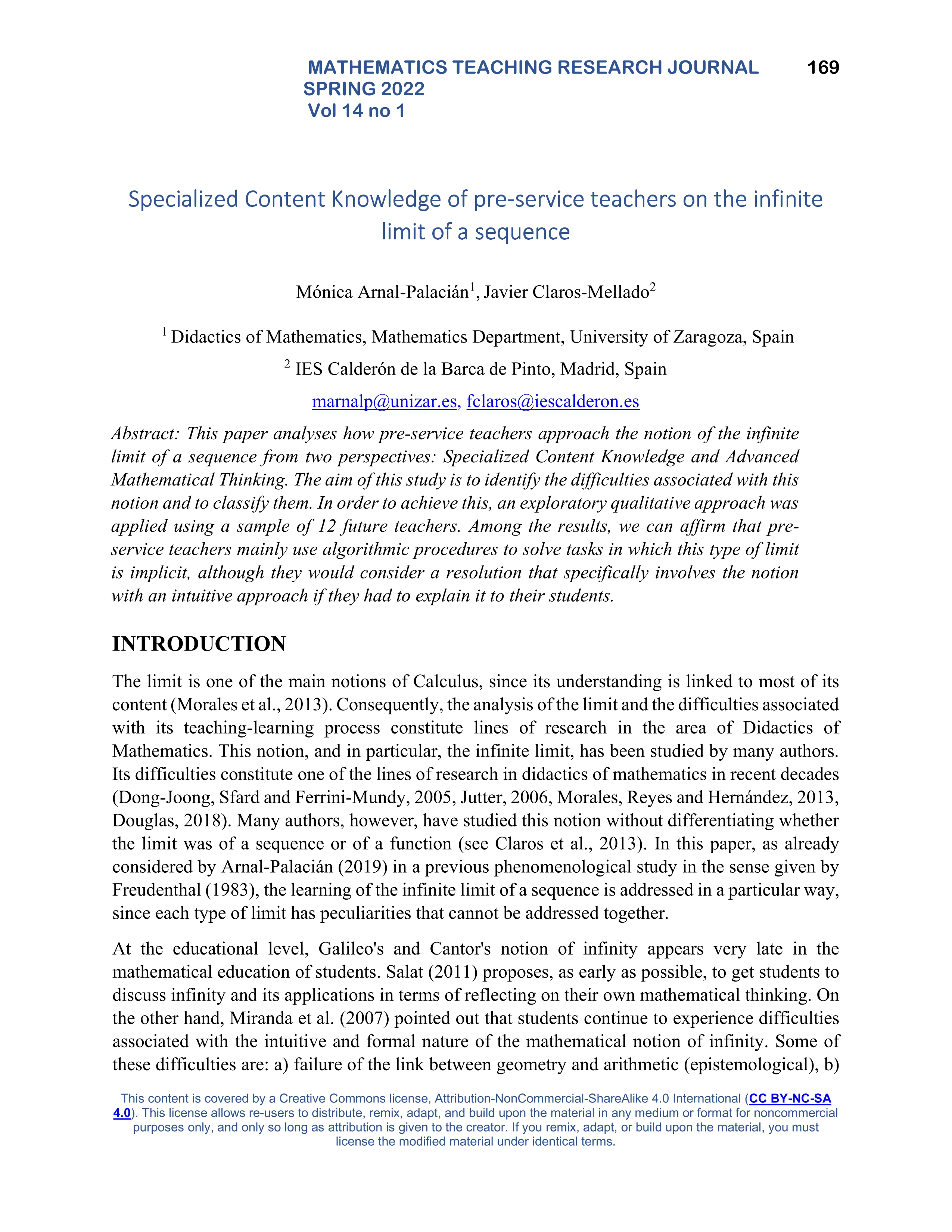 Specialized Content Knowledge of pre-service teachers on the infinite limit of a sequence