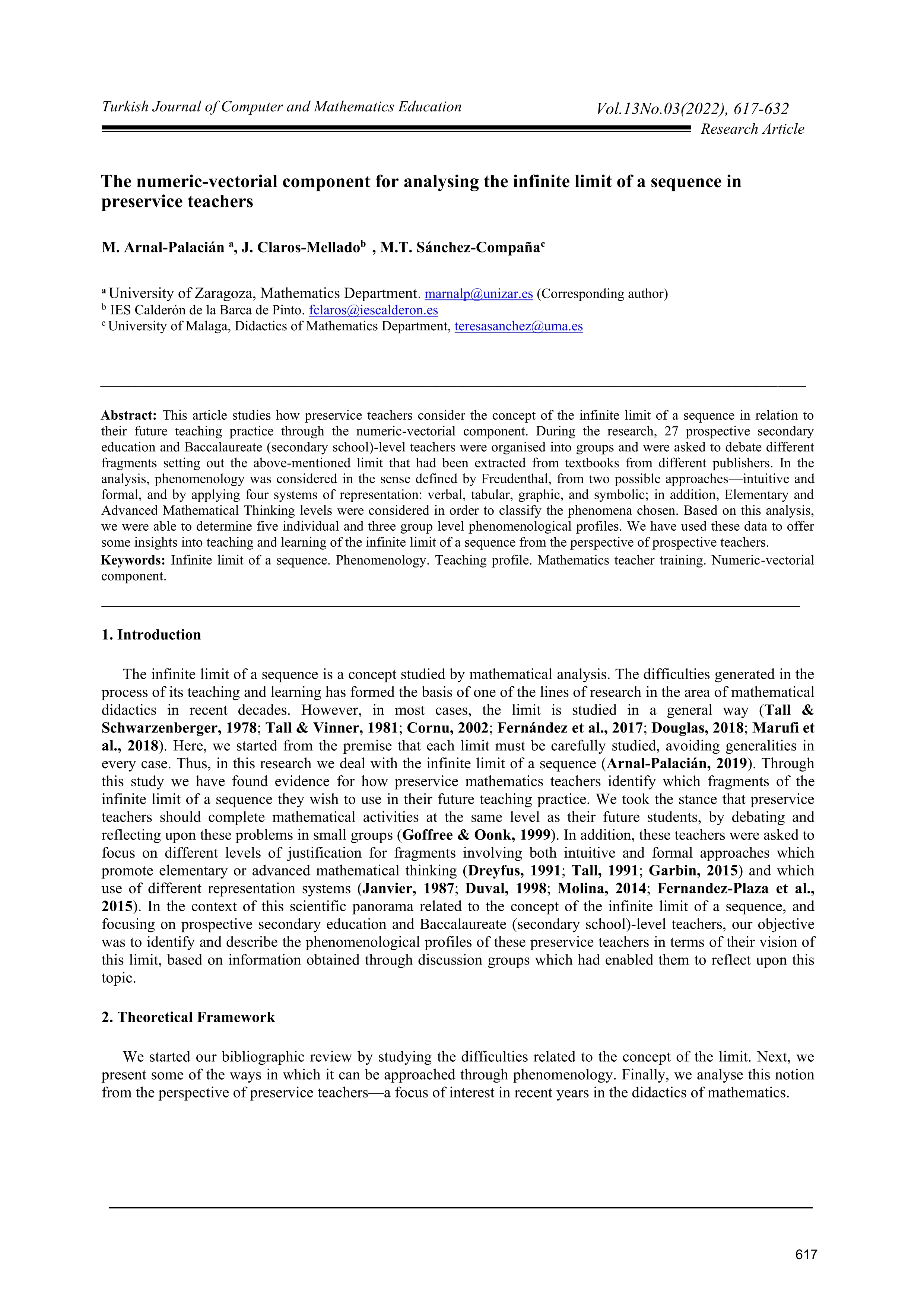 The numeric-vectorial component for analysing the infinite limit of a sequence in preservice teachers