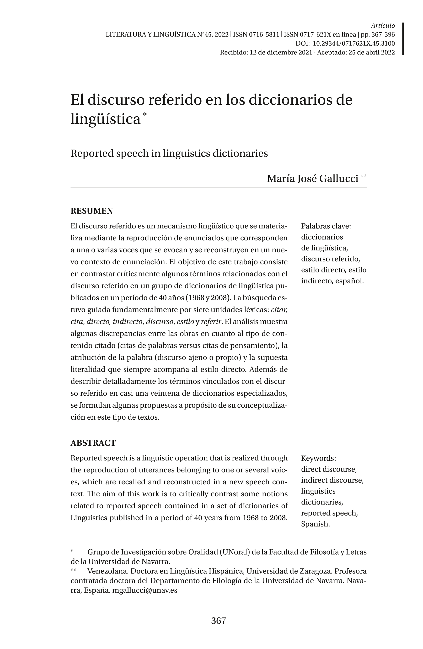 El discurso referido en los diccionarios de Lingüística