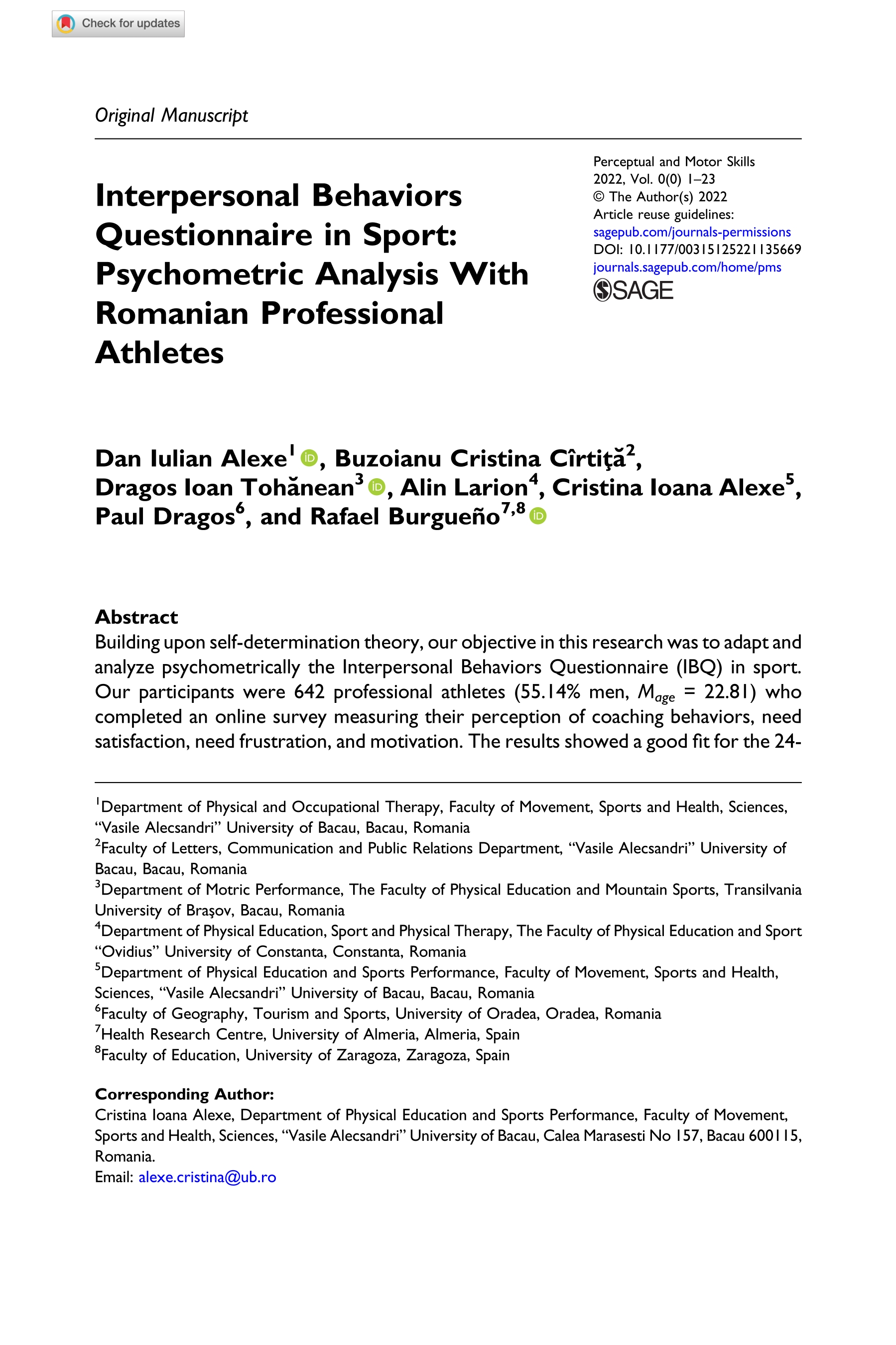 Interpersonal behaviors questionnaire in sport: psychometric analysis with romanian professional athletes