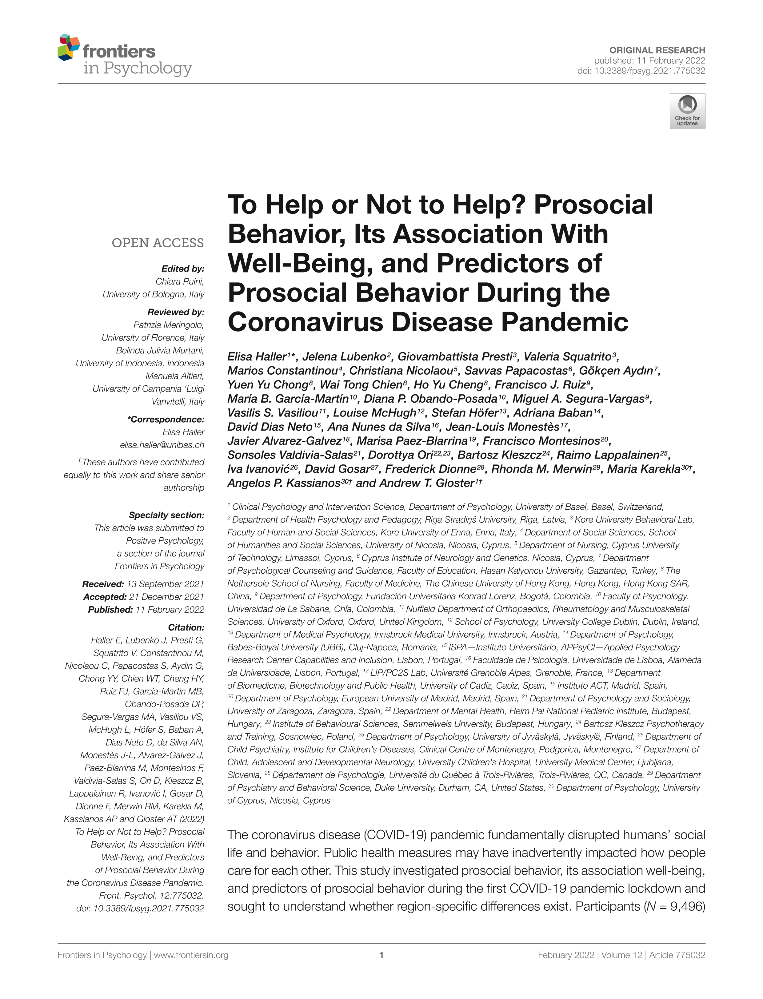 To help or not to help? Prosocial behavior, its association with well-being, and predictors of prosocial behavior during the Coronavirus disease pandemic