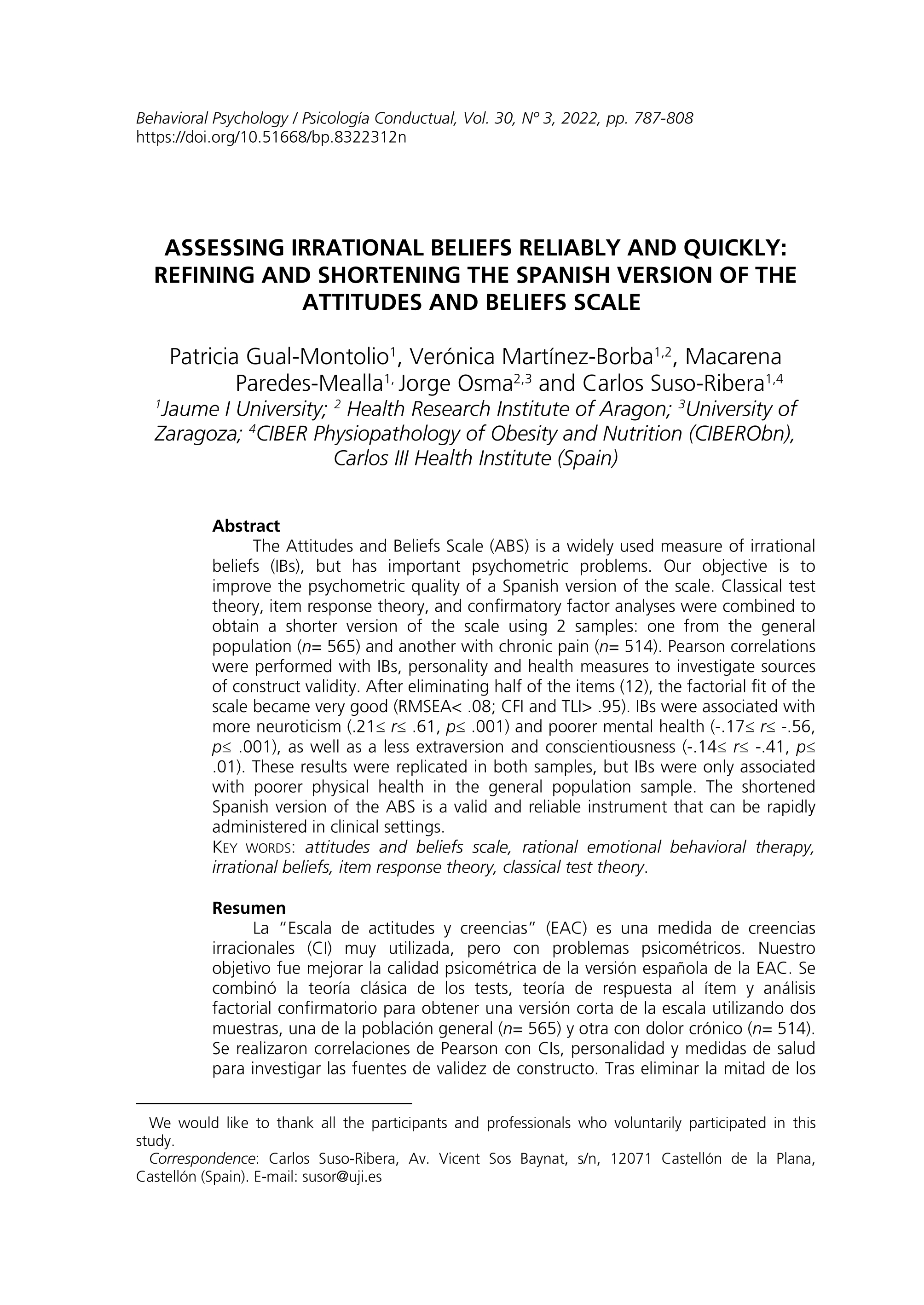 Assessing irrational beliefs reliably and quickly: Refining and shortening the Spanish version of the Attitudes and Beliefs Scale