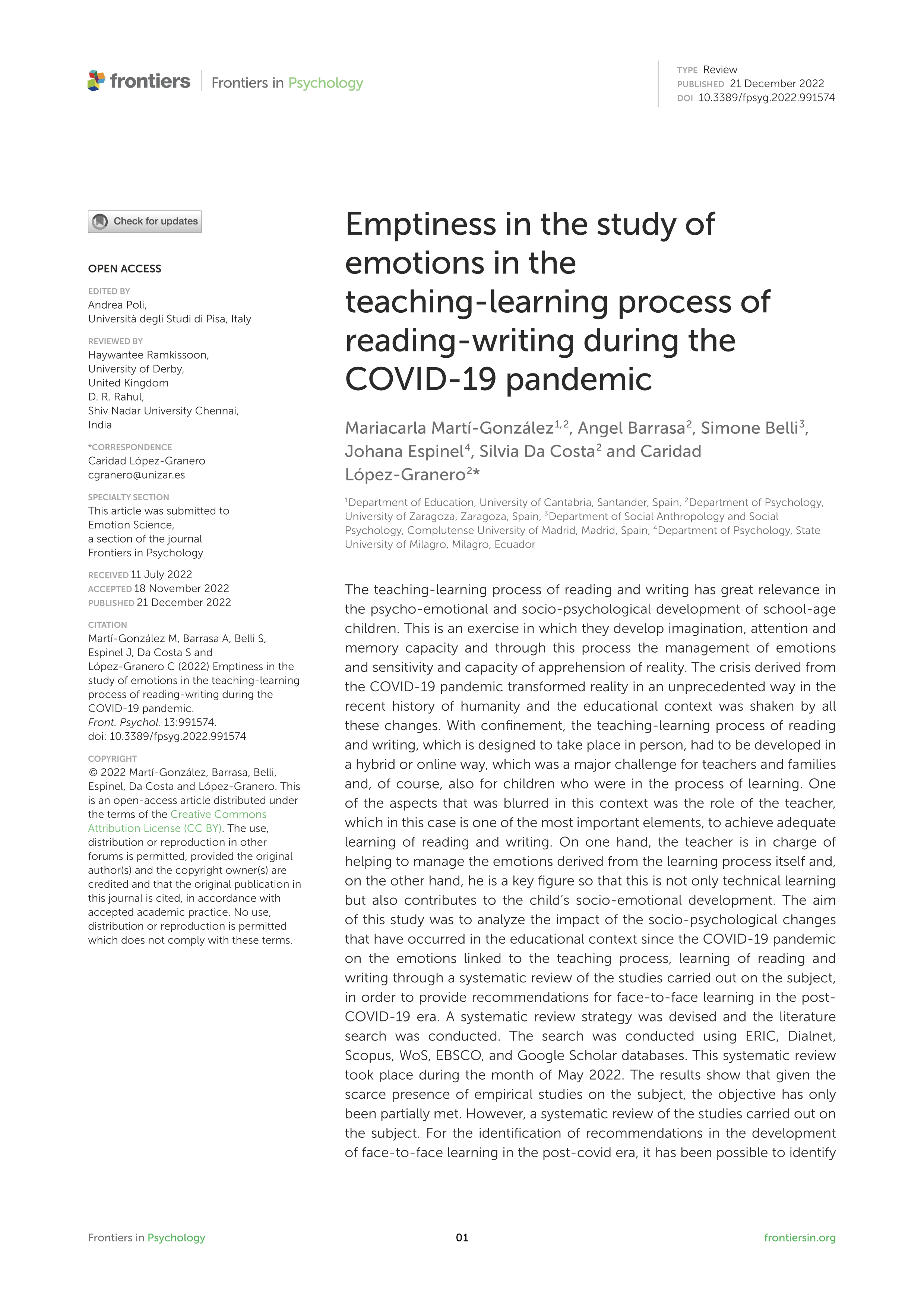 Emptiness in the study of emotions in the teaching-learning process of reading-writing during the COVID-19 pandemic