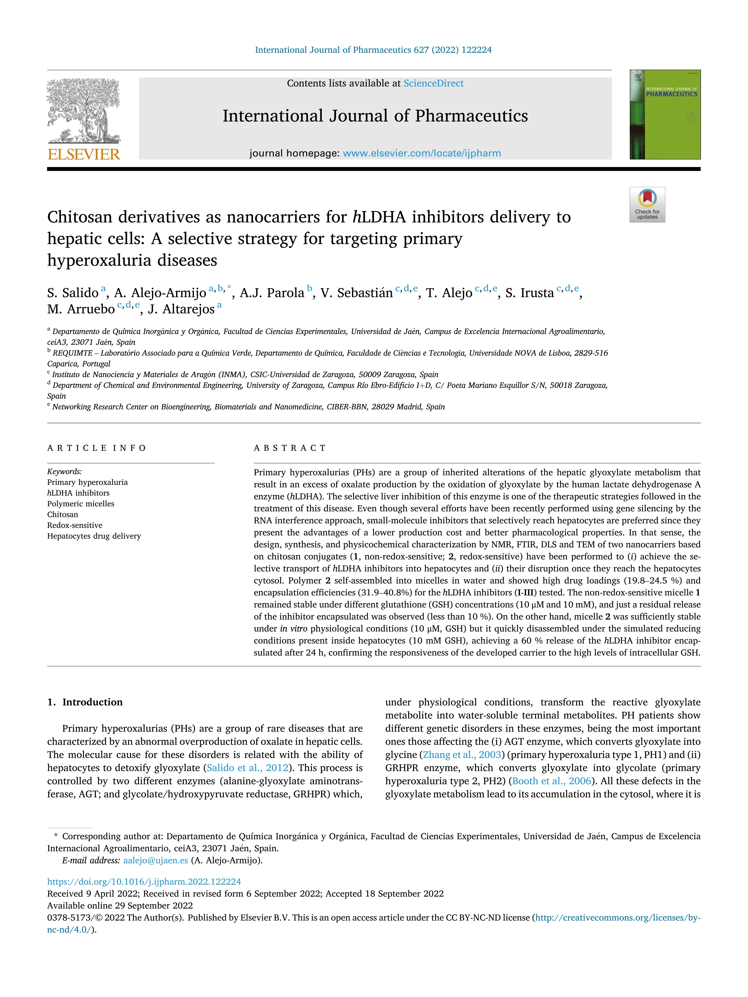 Chitosan derivatives as nanocarriers for hLDHA inhibitors delivery to hepatic cells: A selective strategy for targeting primary hyperoxaluria diseases