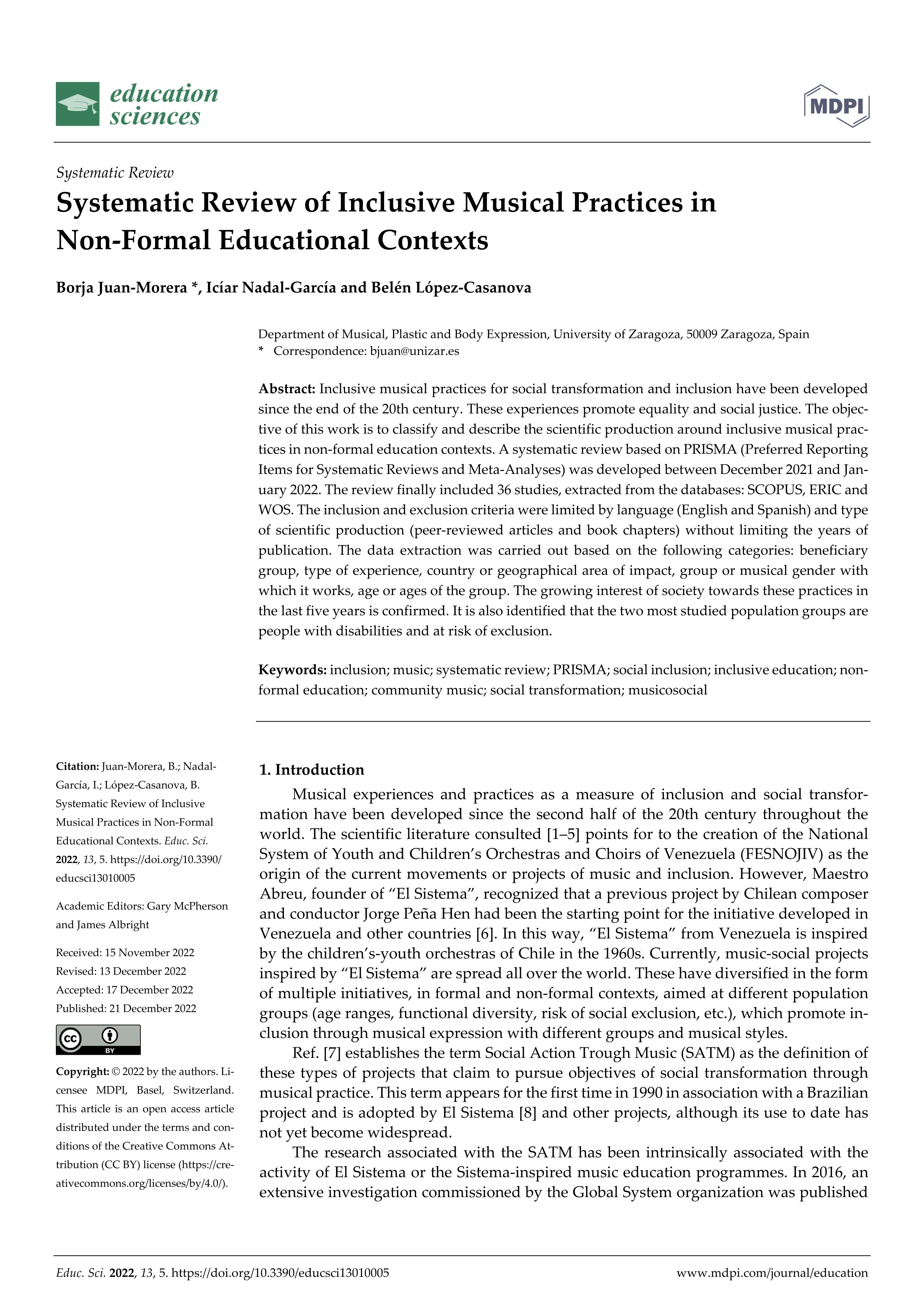 Systematic Review of Inclusive Musical Practices in Non-Formal Educational Contexts