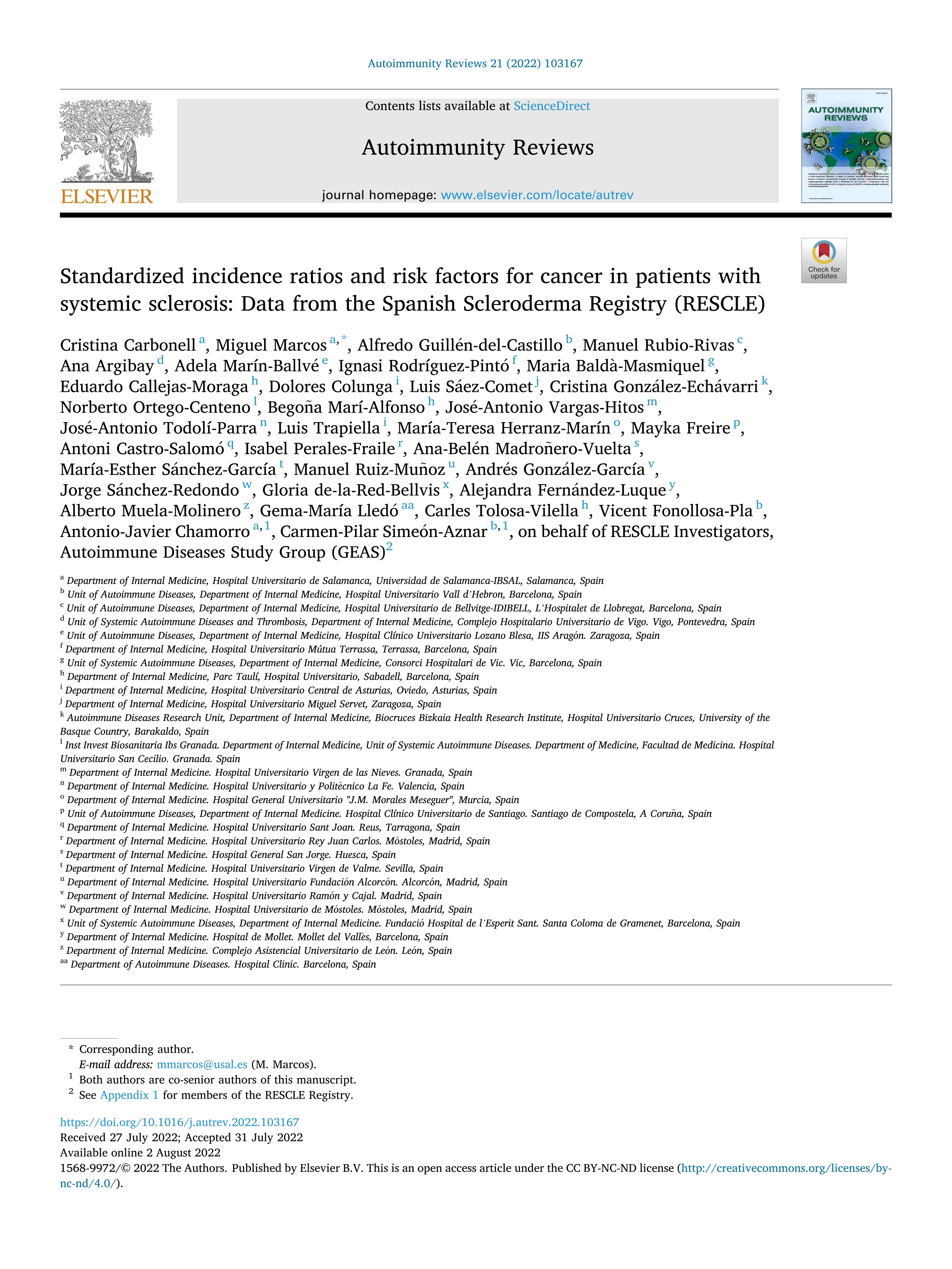 Standardized incidence ratios and risk factors for cancer in patients with systemic sclerosis: Data from the Spanish Scleroderma Registry (RESCLE)