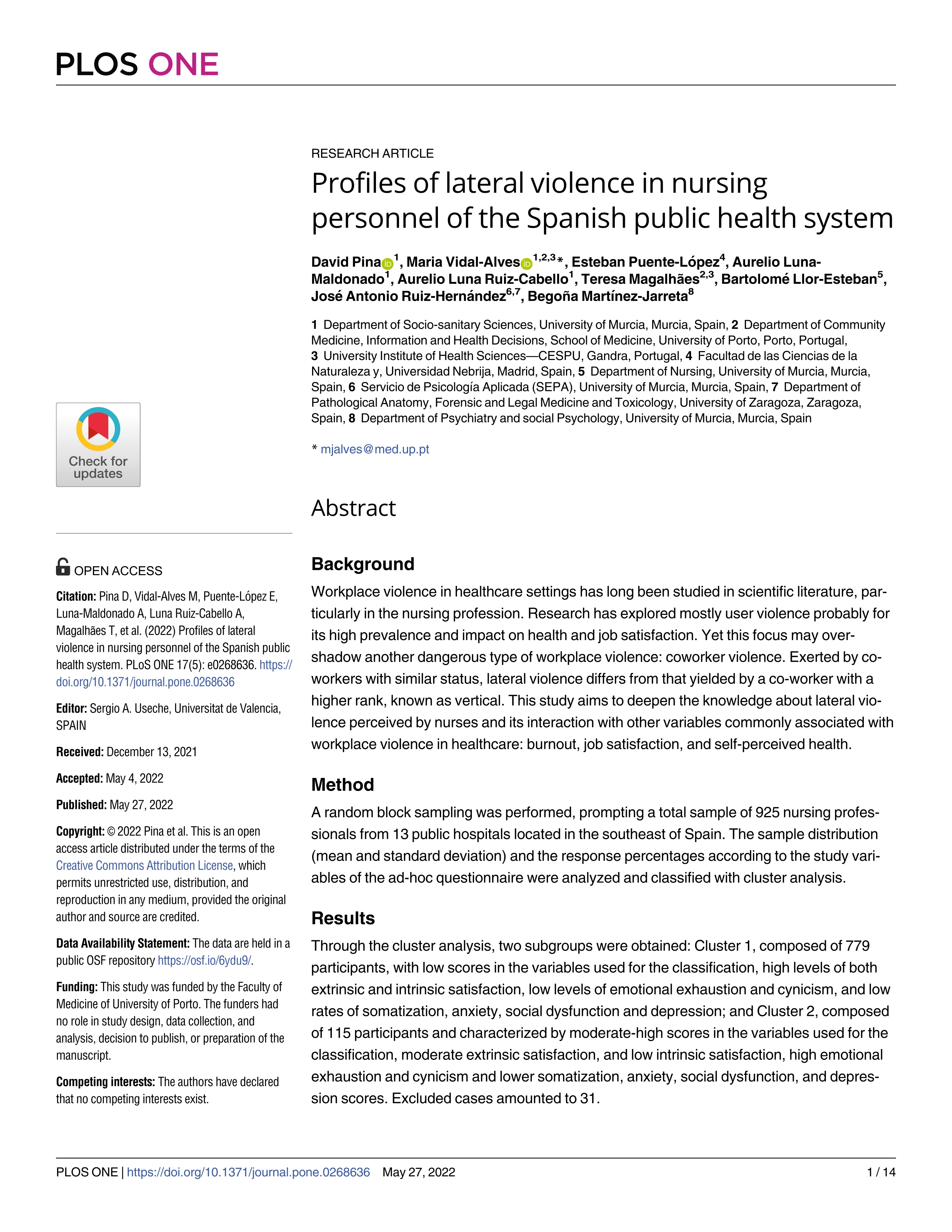 Profiles of lateral violence in nursing personnel of the Spanish public health system