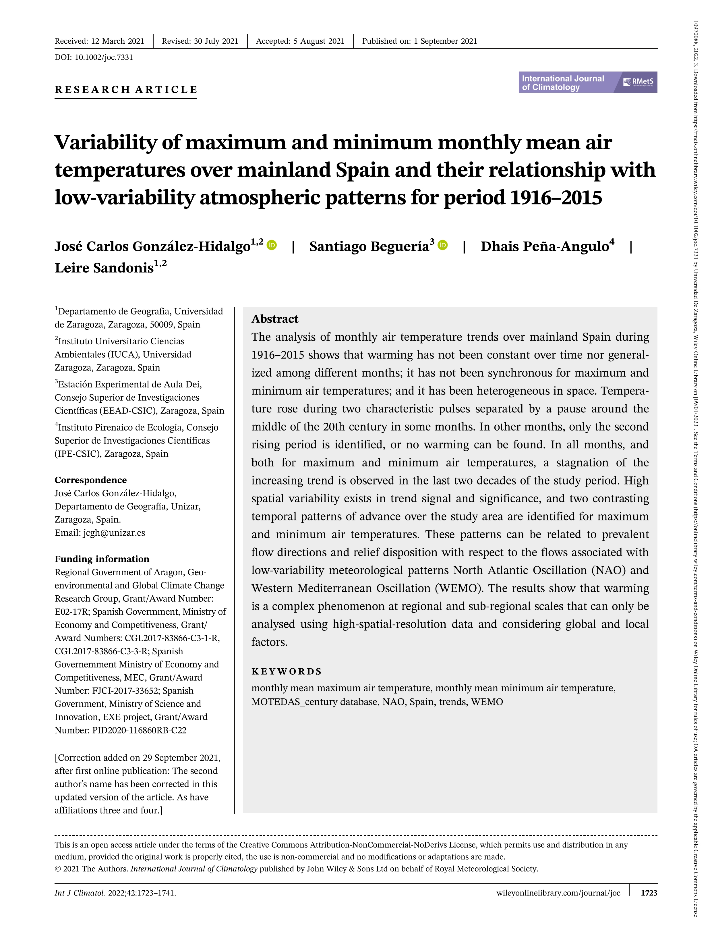 Variability of maximum and minimum monthly mean air temperatures over mainland Spain and their relationship with low-variability atmospheric patterns for period 1916–2015
