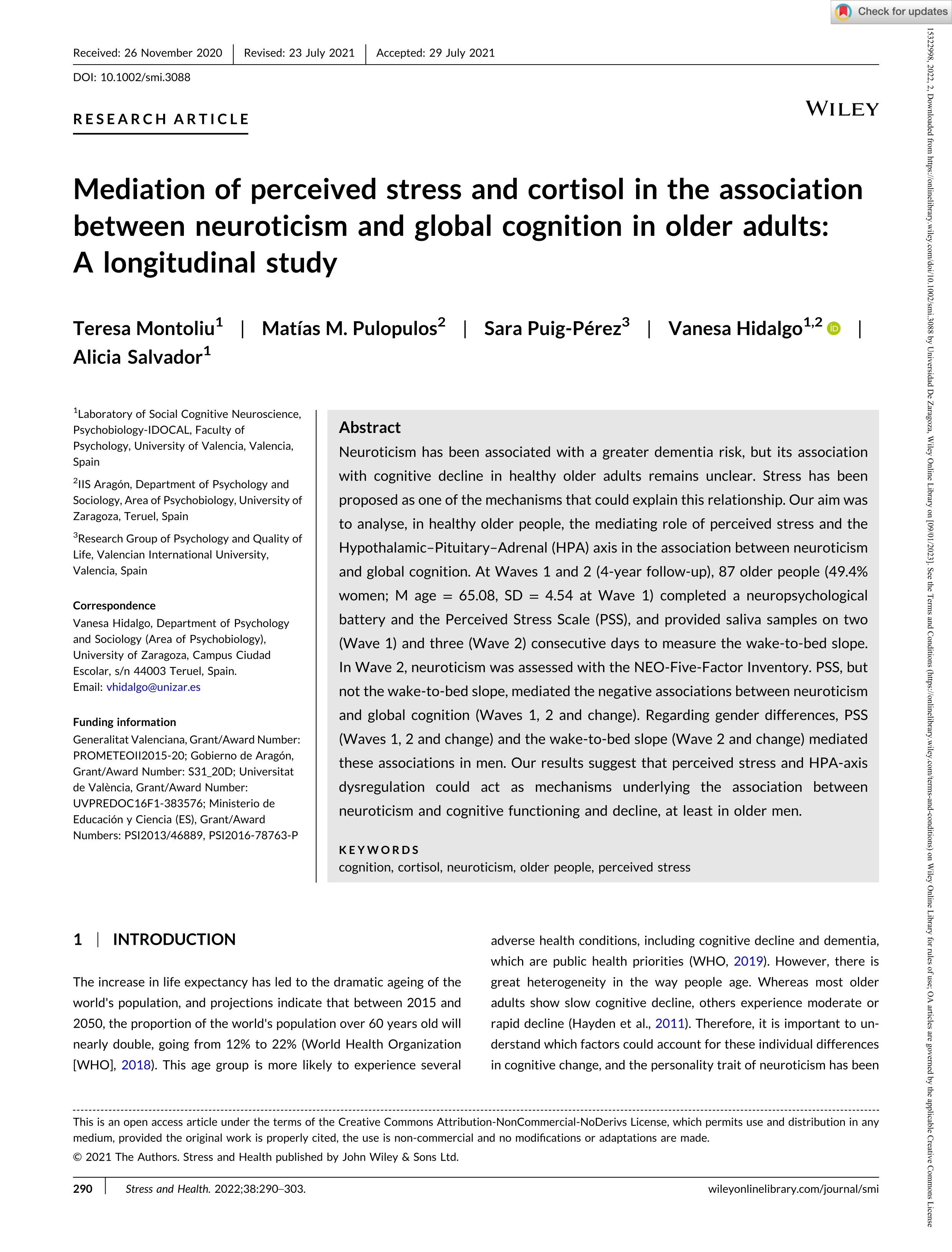 Mediation of perceived stress and cortisol in the association between neuroticism and global cognition in older adults: A longitudinal study
