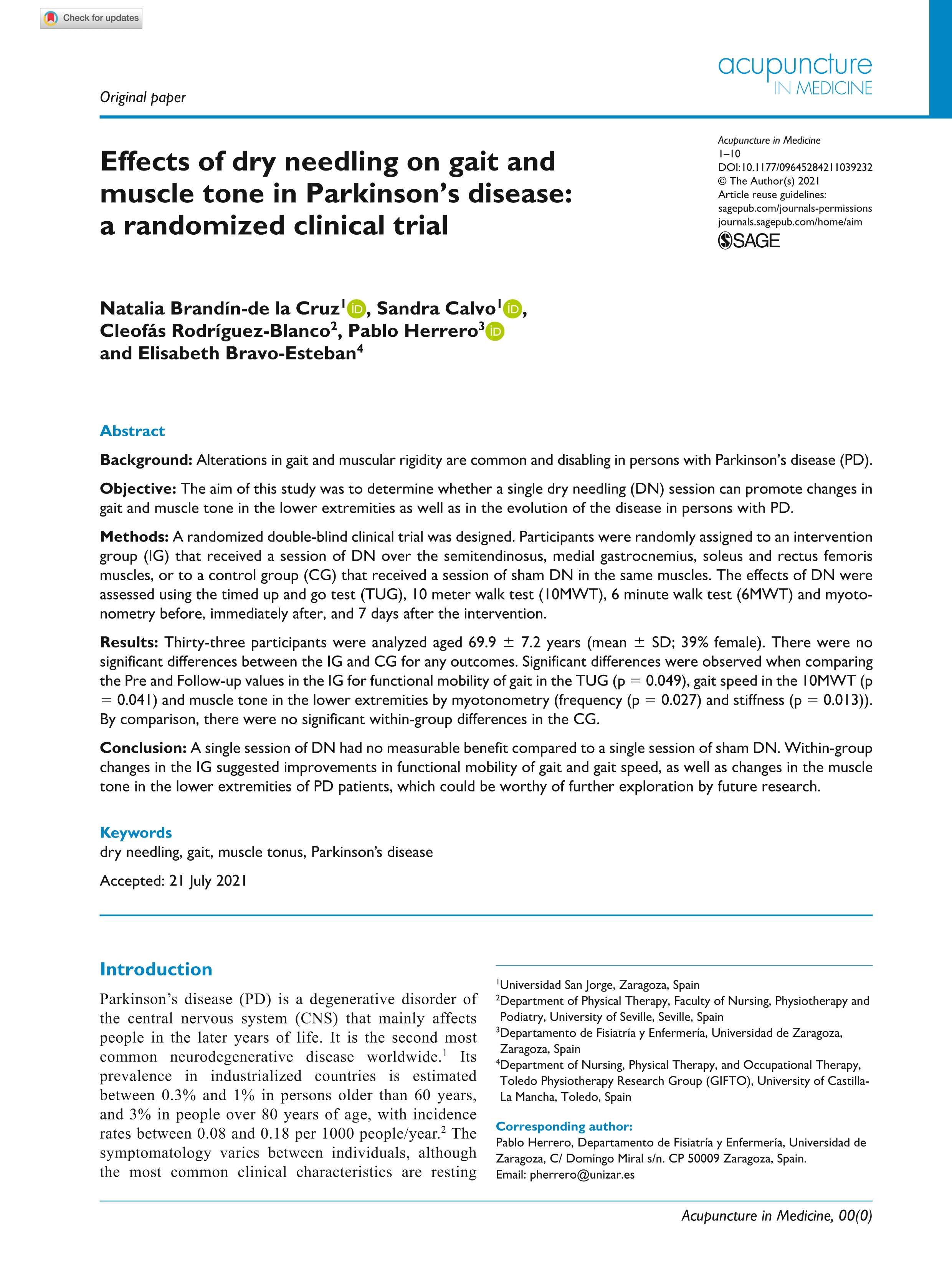 Effects of dry needling on gait and muscle tone in Parkinson''s disease: a randomized clinical trial