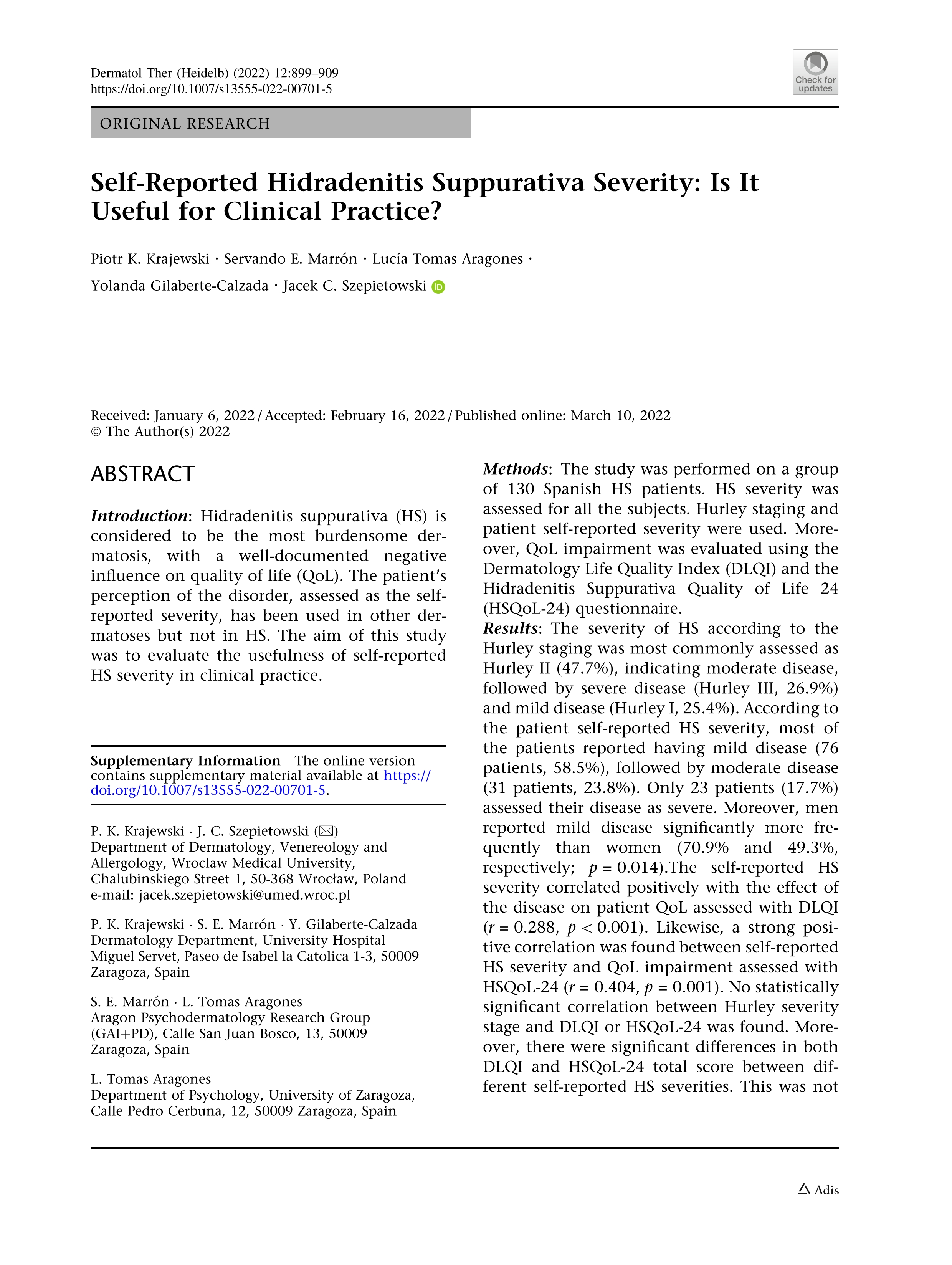 Self-Reported Hidradenitis Suppurativa Severity: Is It Useful for Clinical Practice?