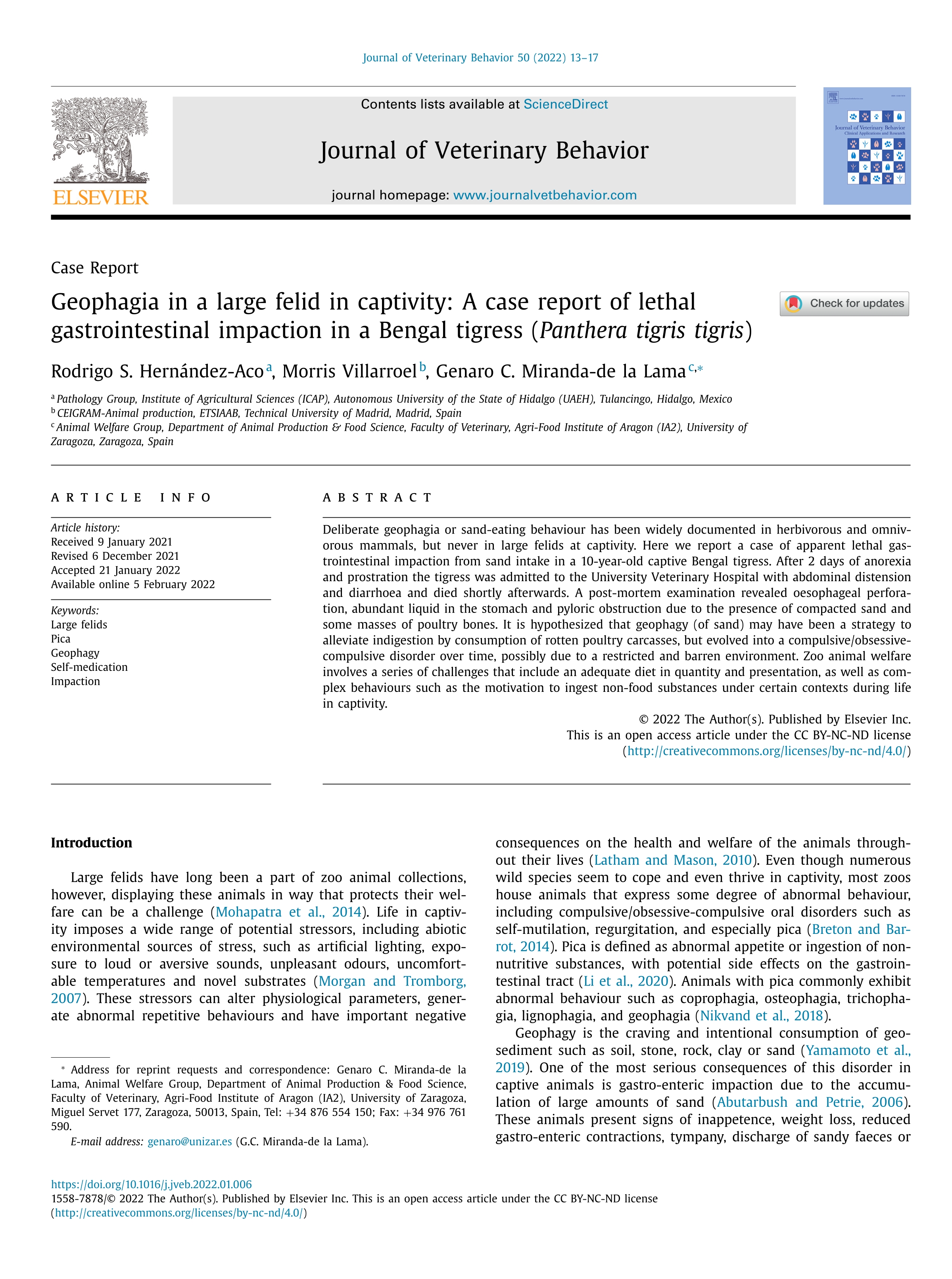 Geophagia in a large felid in captivity: A case report of lethal gastrointestinal impaction in a Bengal tigress (Panthera tigris tigris)