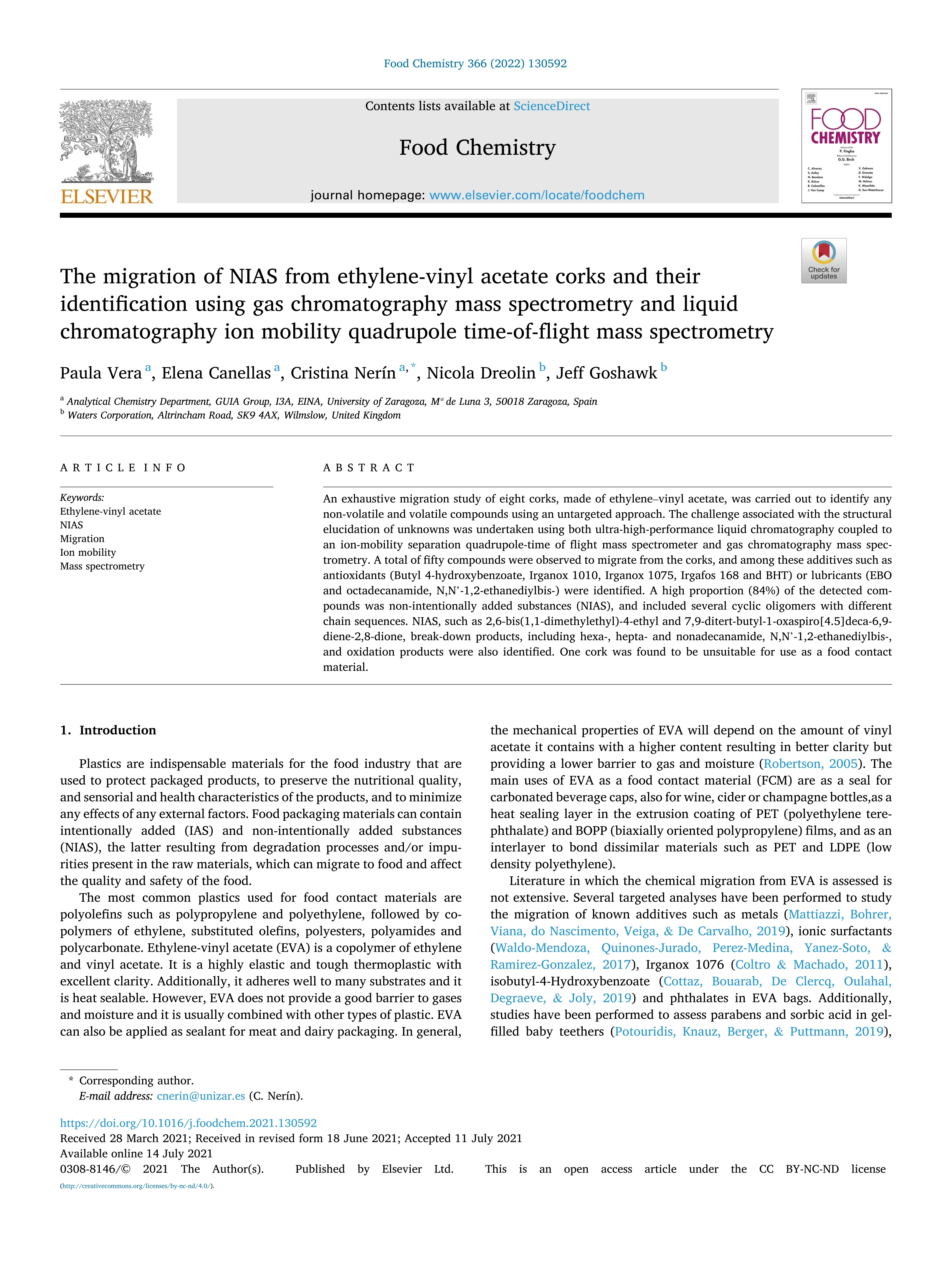 The migration of NIAS from ethylene-vinyl acetate corks and their identification using gas chromatography mass spectrometry and liquid chromatography ion mobility quadrupole time-of-flight mass spectrometry