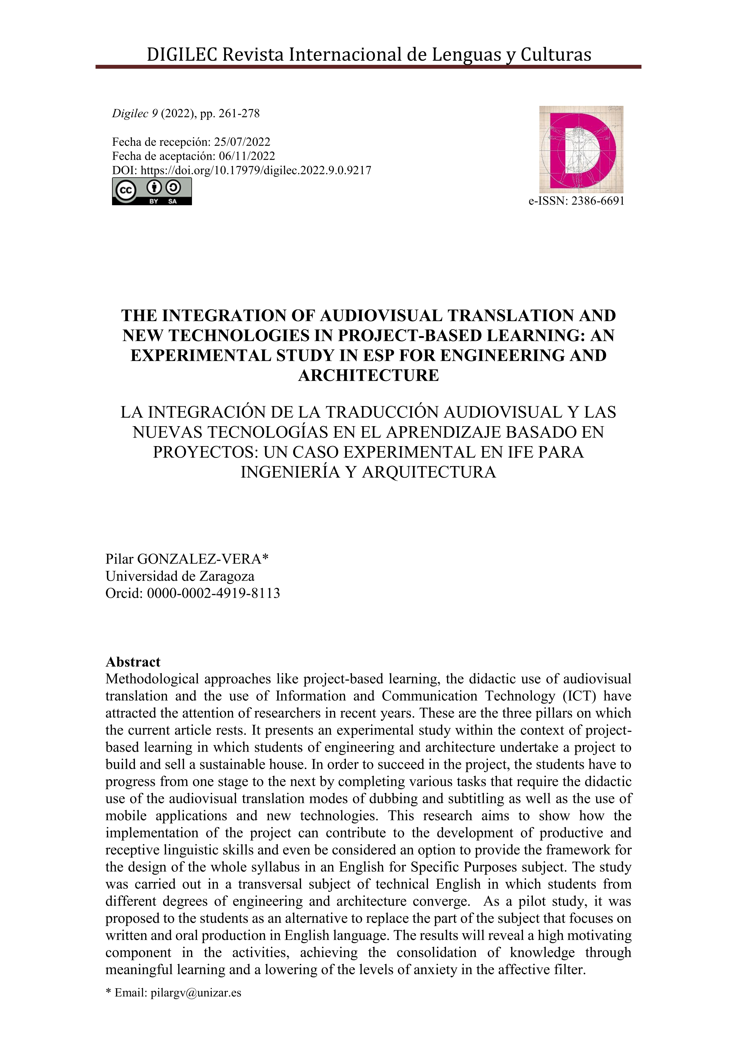 The integration of audiovisual translation and new technologies in project-based learning: an experimental study in ESP for engineering and architecture